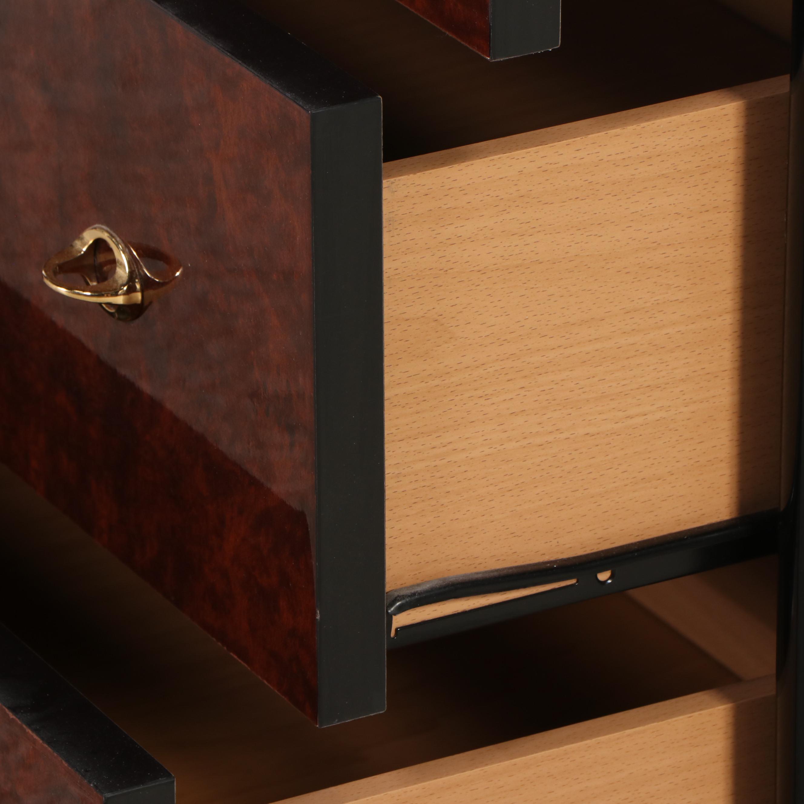 Modernist High-Gloss Black Lacquered and Burl Wood Dresser and Mirror