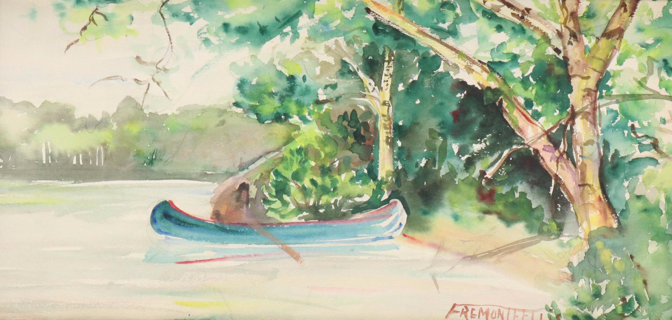Fremont F. Ellis Riverscape Watercolor Painting of Canoe on Shaded Bank, 20th C.