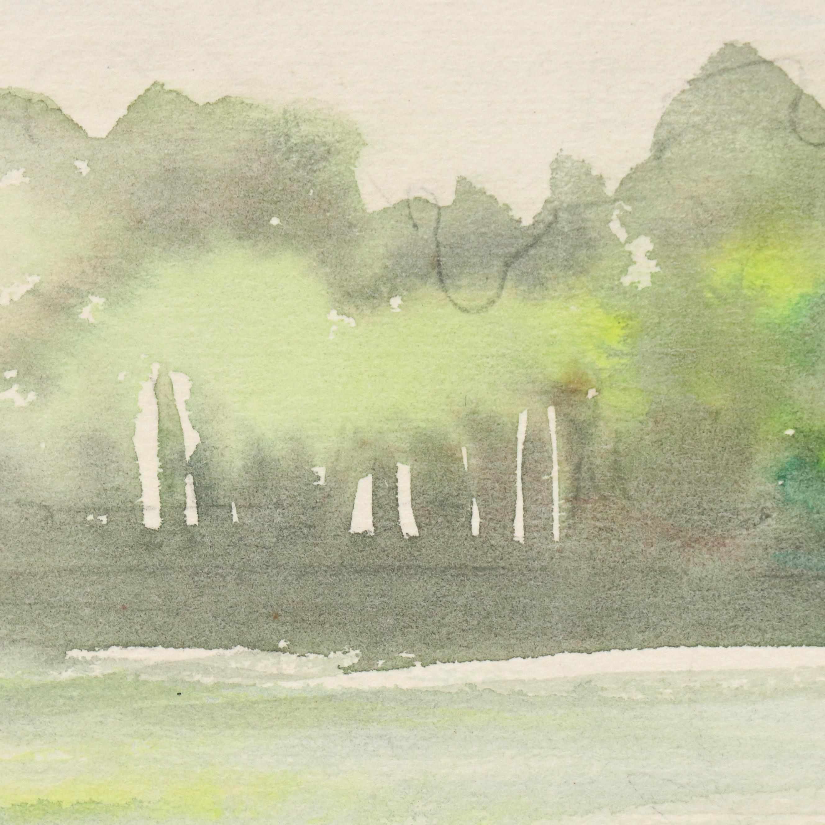 Fremont F. Ellis Riverscape Watercolor Painting of Canoe on Shaded Bank, 20th C.