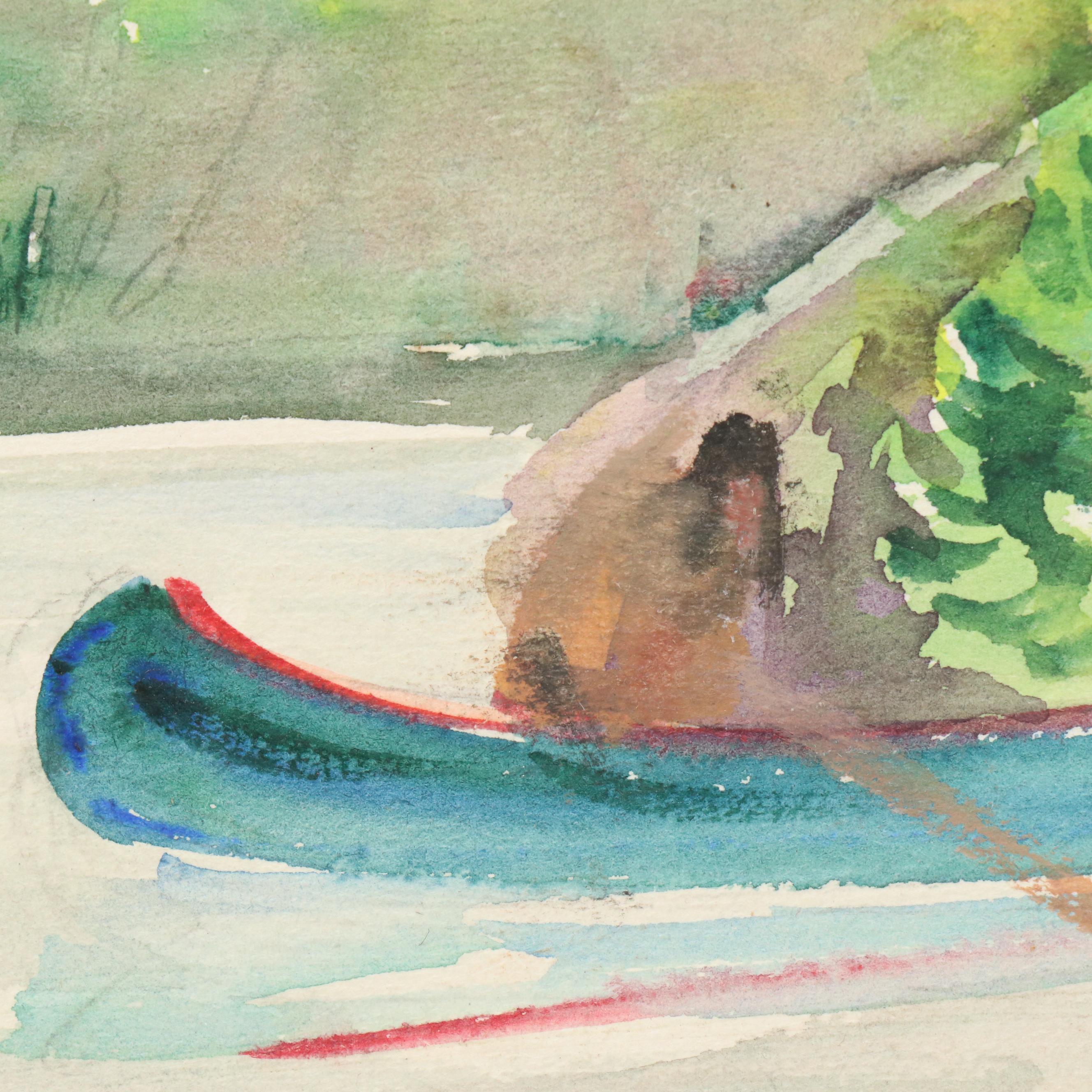 Fremont F. Ellis Riverscape Watercolor Painting of Canoe on Shaded Bank, 20th C.