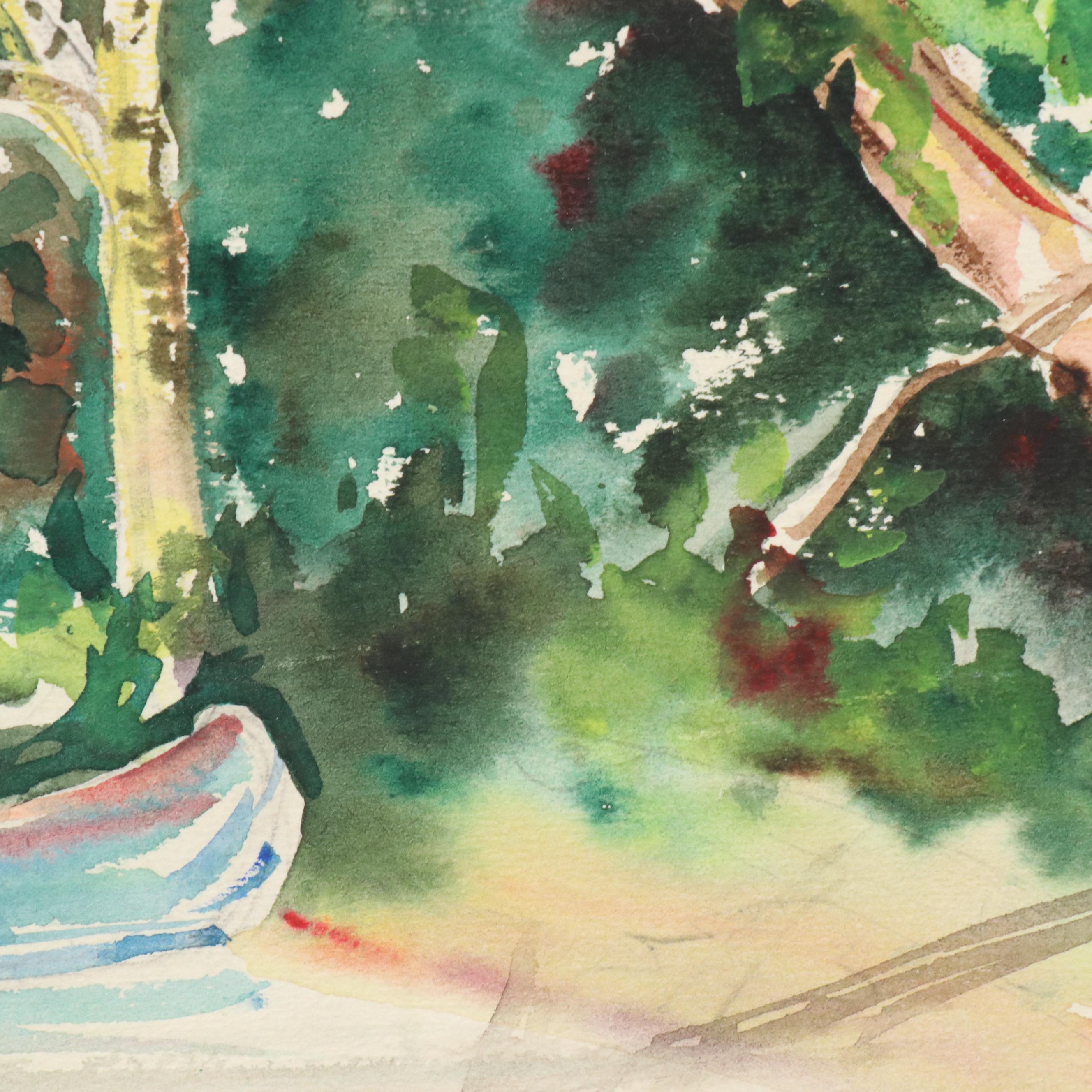 Fremont F. Ellis Riverscape Watercolor Painting of Canoe on Shaded Bank, 20th C.