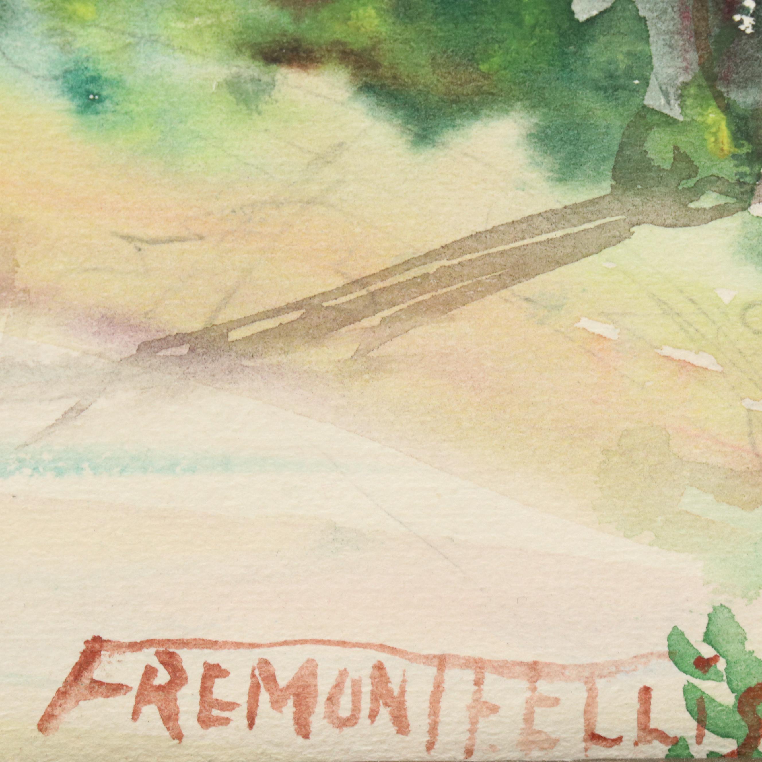 Fremont F. Ellis Riverscape Watercolor Painting of Canoe on Shaded Bank, 20th C.