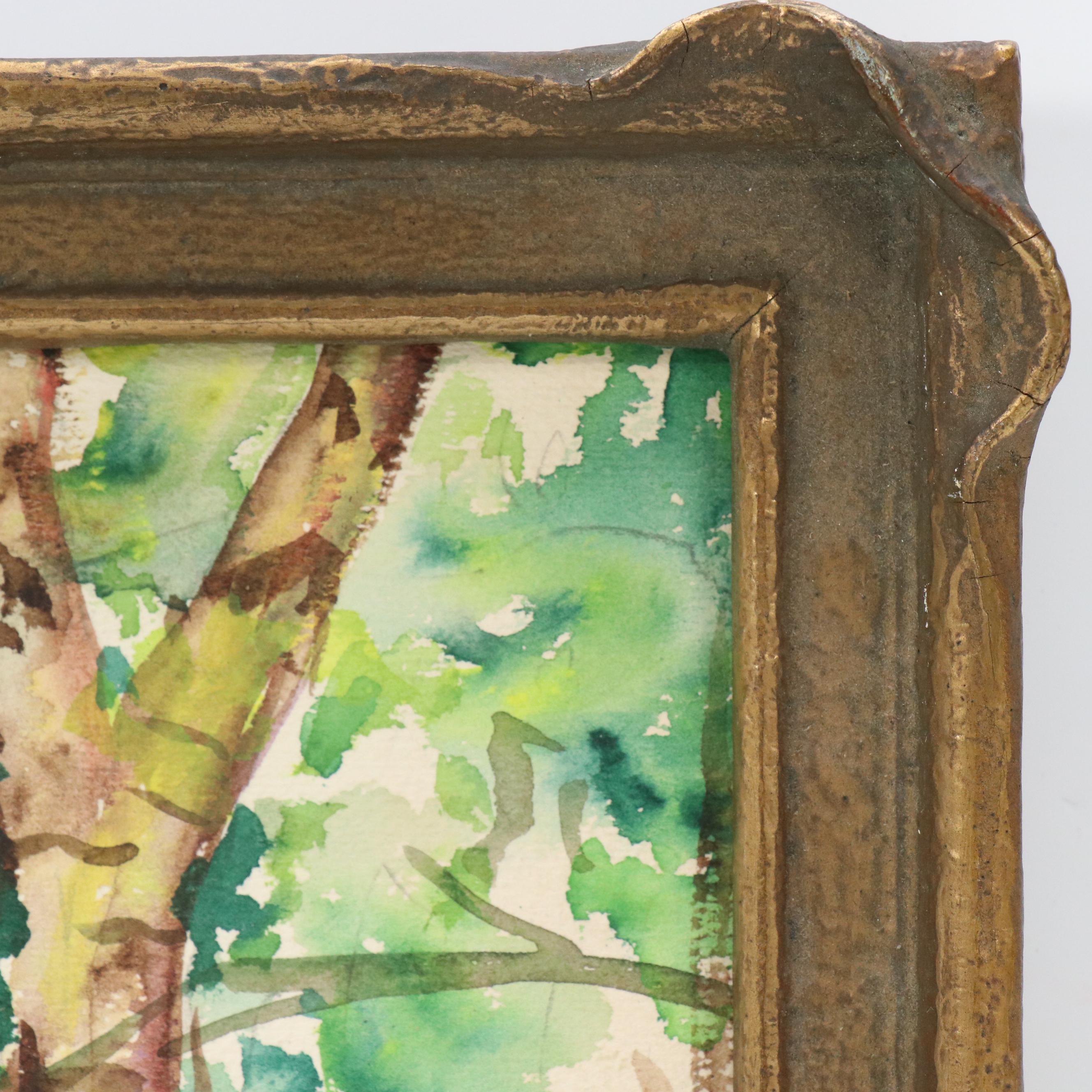 Fremont F. Ellis Riverscape Watercolor Painting of Canoe on Shaded Bank, 20th C.