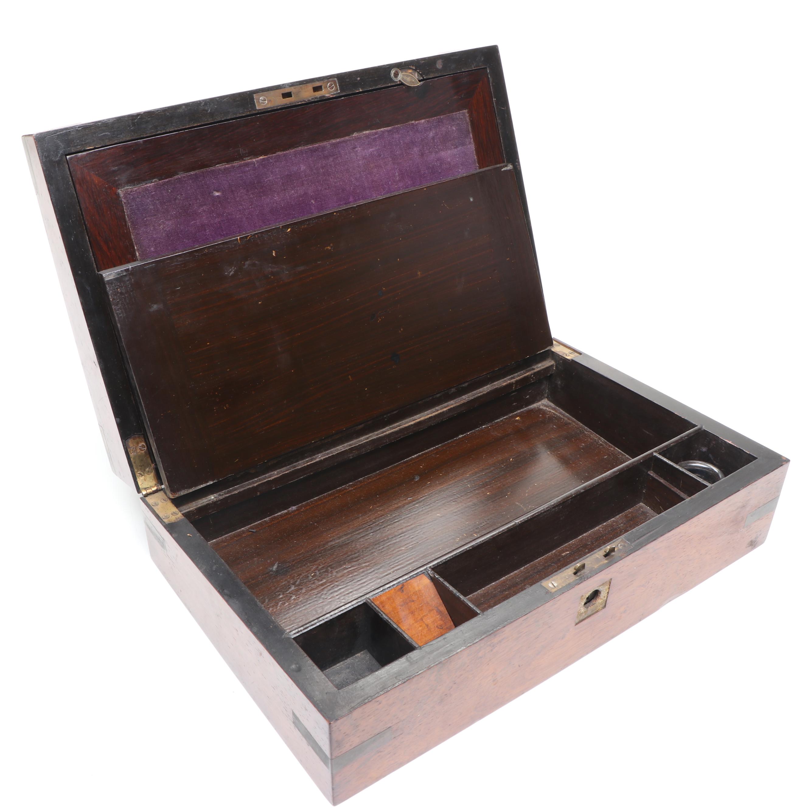 Victorian Rosewood and Brass Inlay Lap Desk, Mid to Late 19th Century