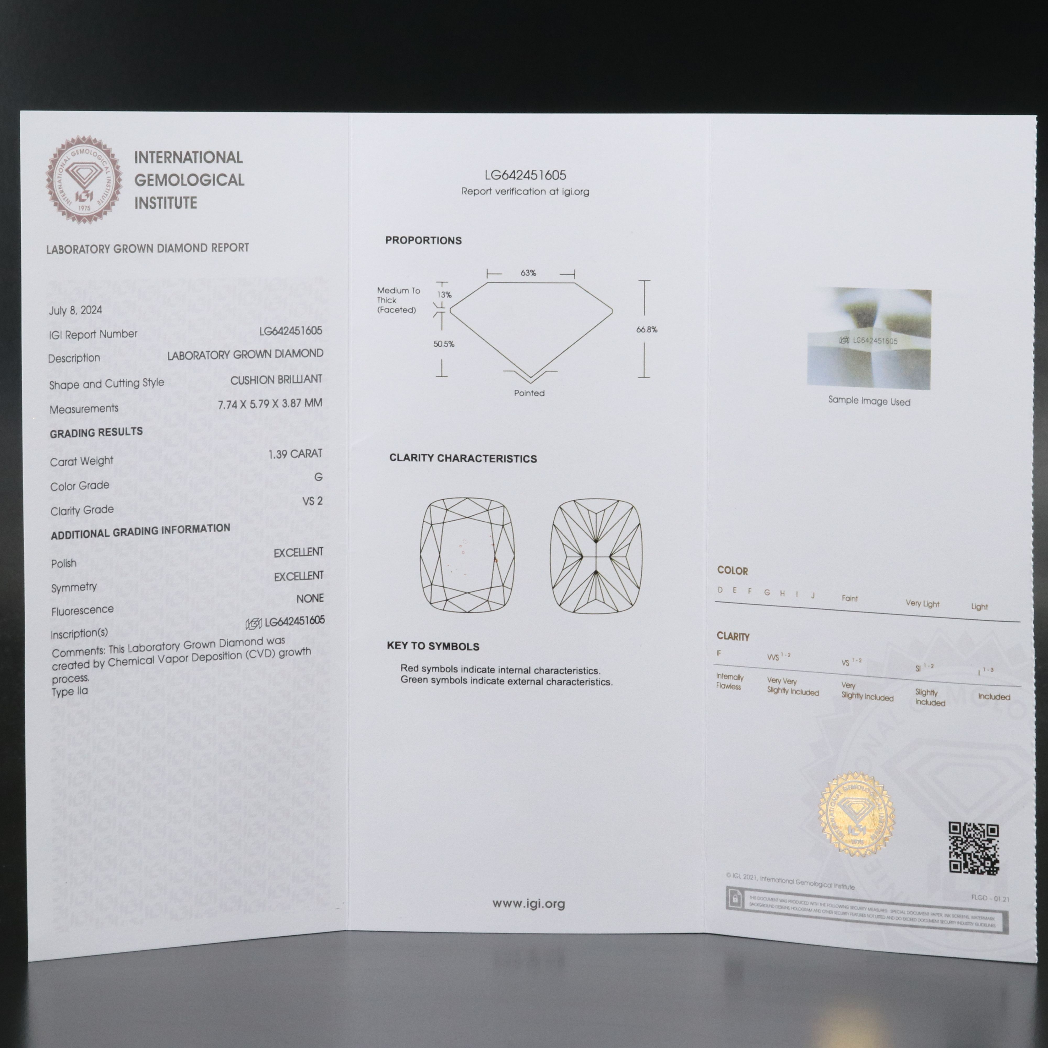 Loose 1.39 CT Lab Grown Diamond with IGI Report