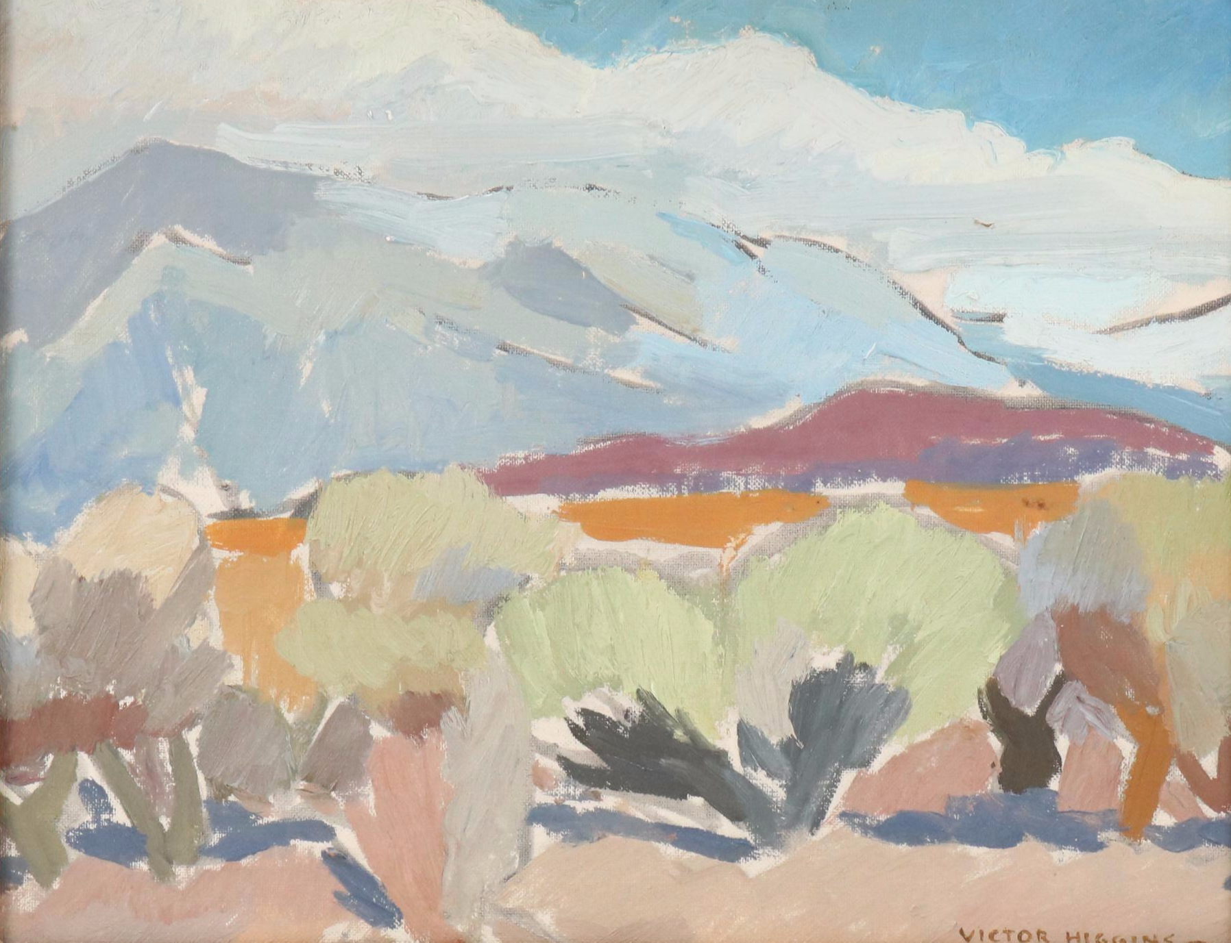 Victor Higgins Oil Painting of Taos Mountain and Stream, 1940s