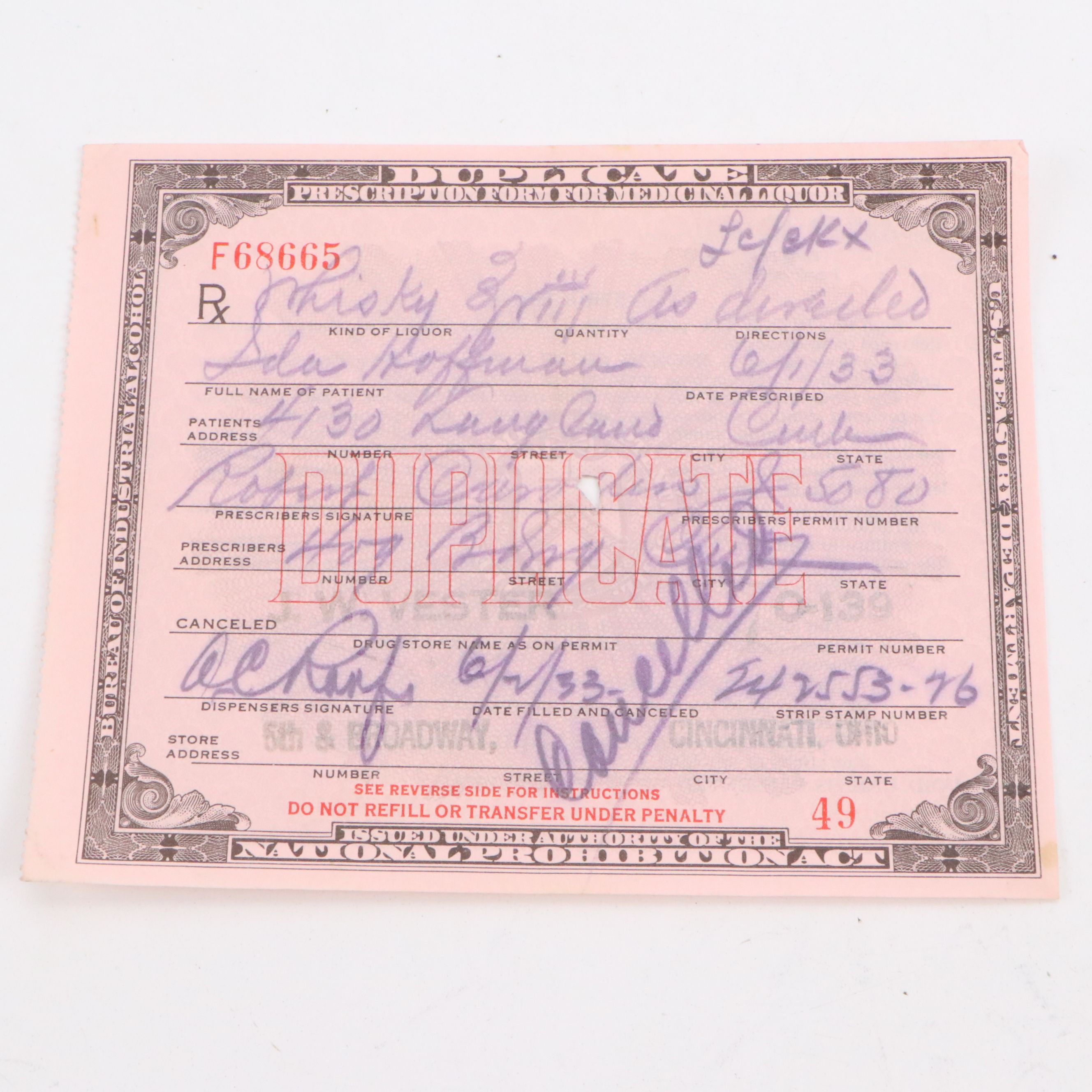 Prohibition Era Whisky Prescription Form with Reproduction Sign
