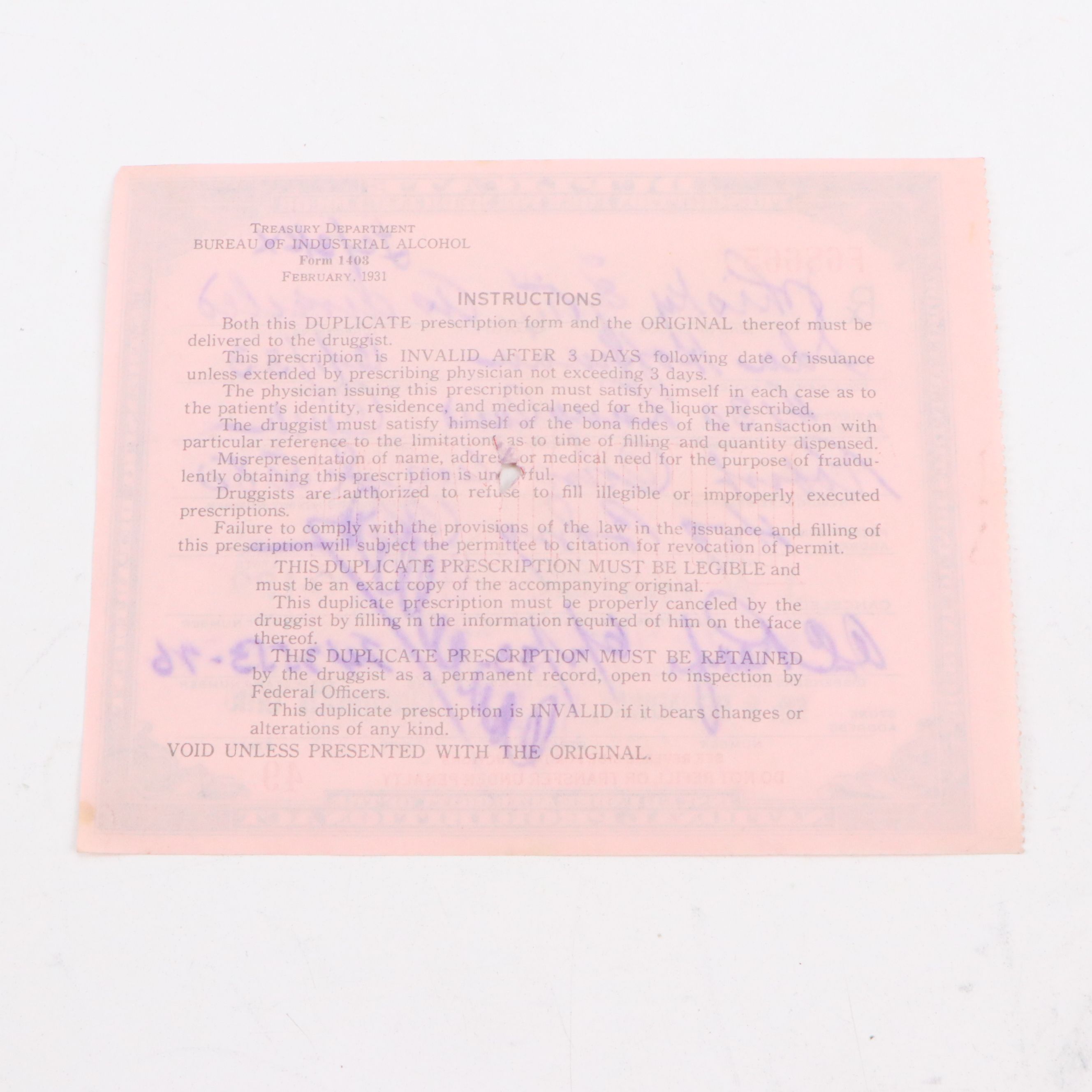 Prohibition Era Whisky Prescription Form with Reproduction Sign