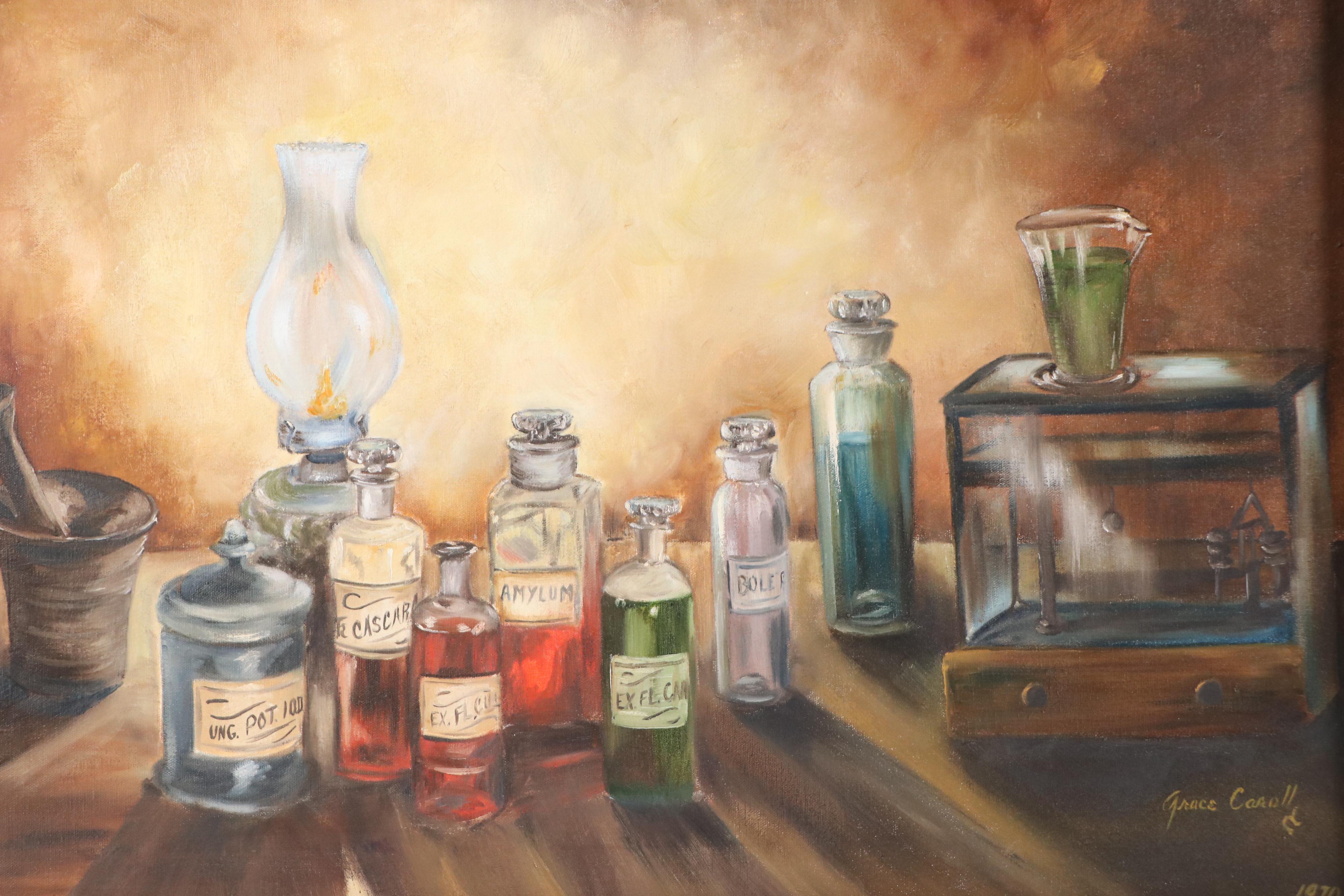Grace Caroll Hufnagel Still Life Oil Painting of Apothecary Bottles, 1970