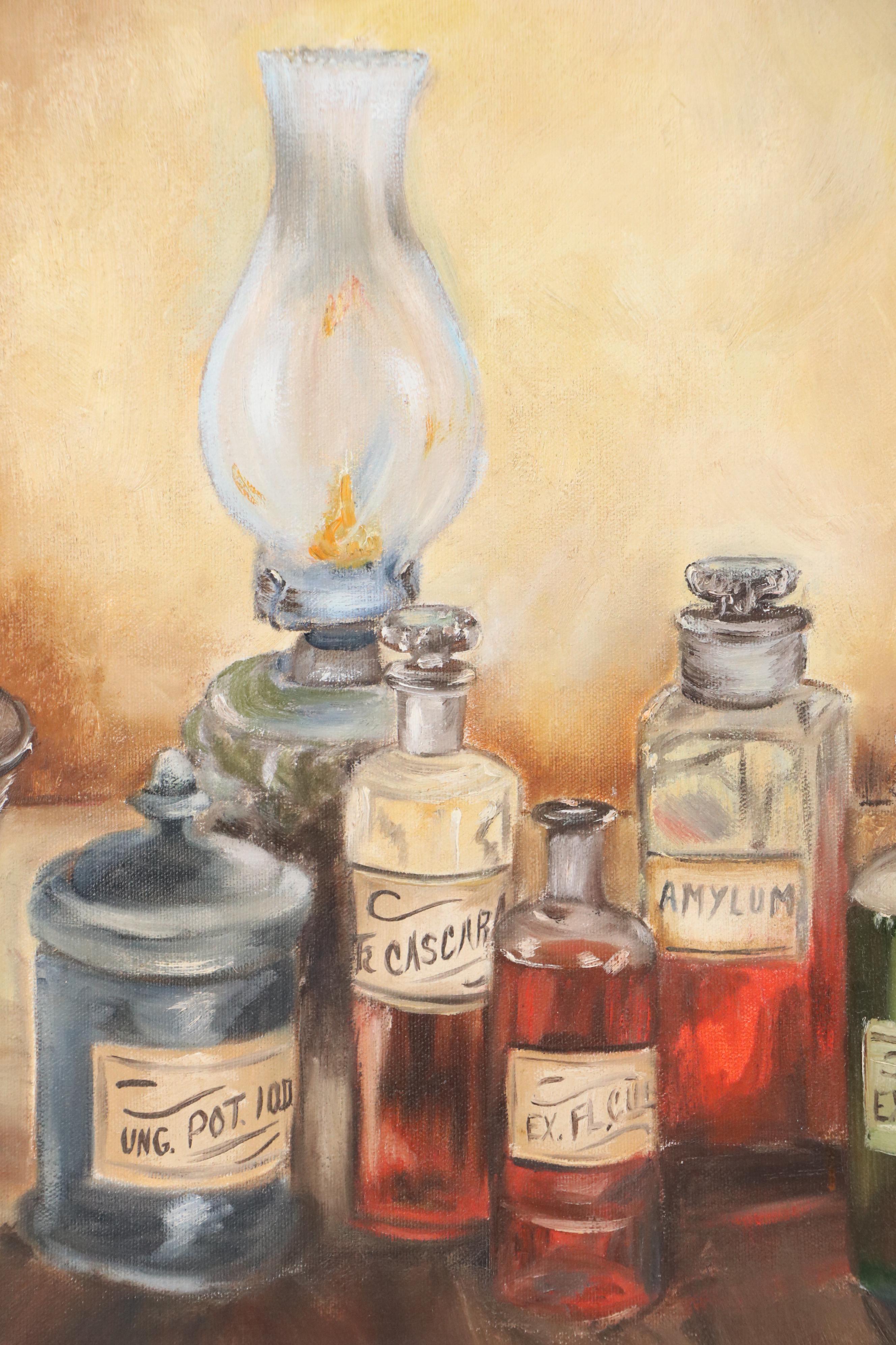 Grace Caroll Hufnagel Still Life Oil Painting of Apothecary Bottles, 1970