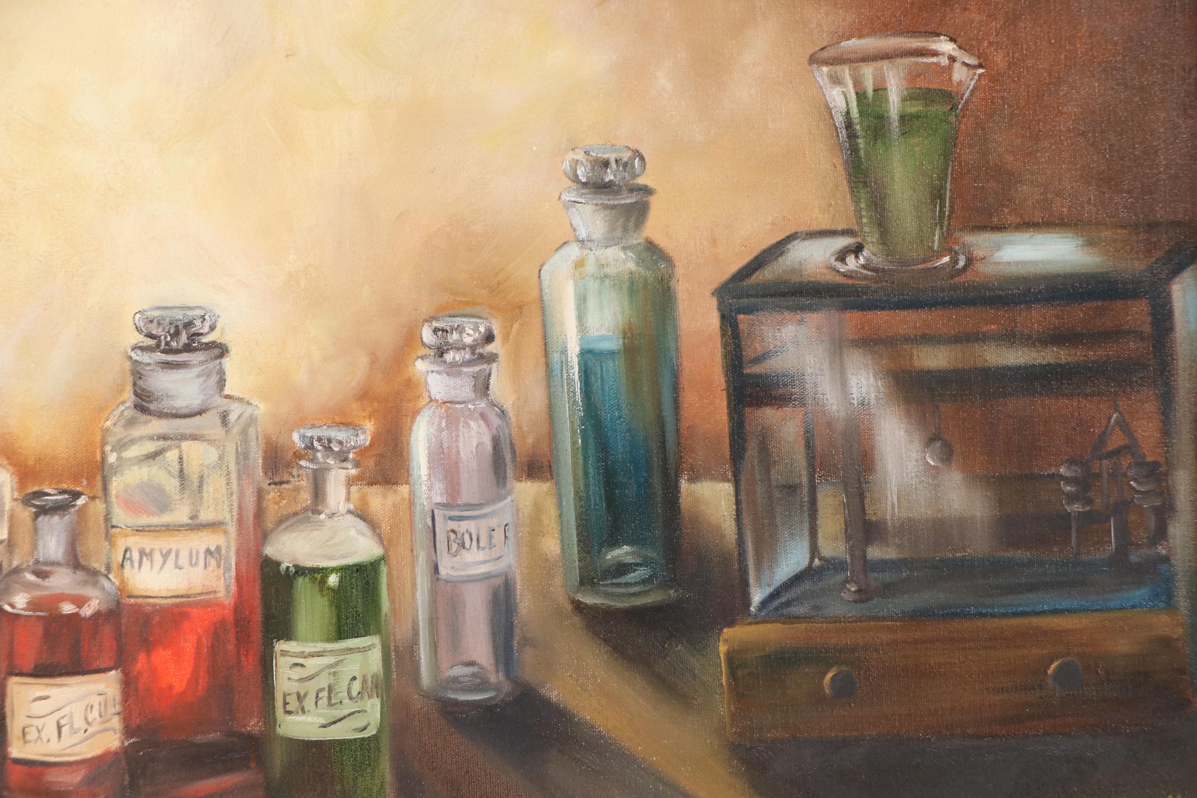 Grace Caroll Hufnagel Still Life Oil Painting of Apothecary Bottles, 1970