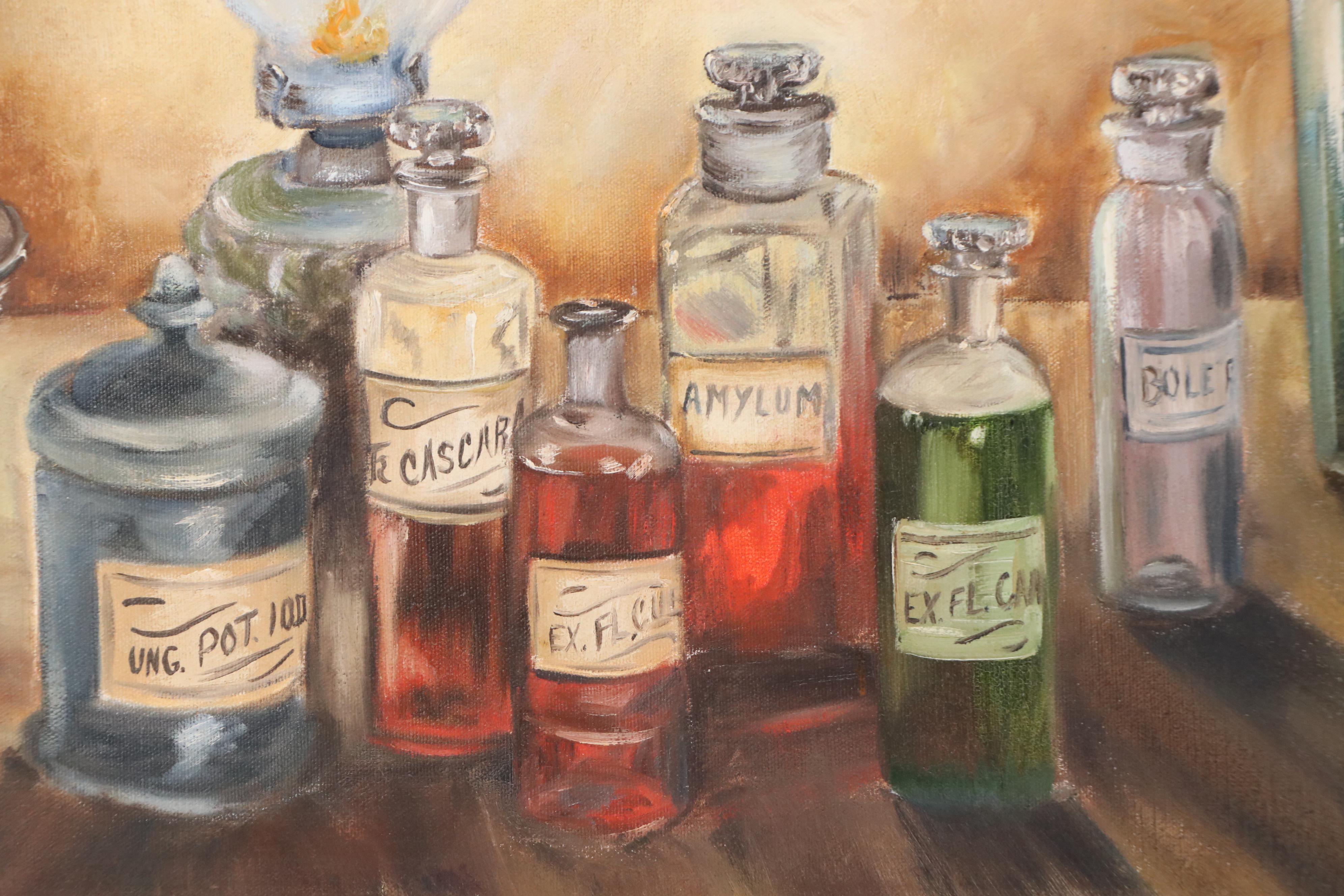 Grace Caroll Hufnagel Still Life Oil Painting of Apothecary Bottles, 1970