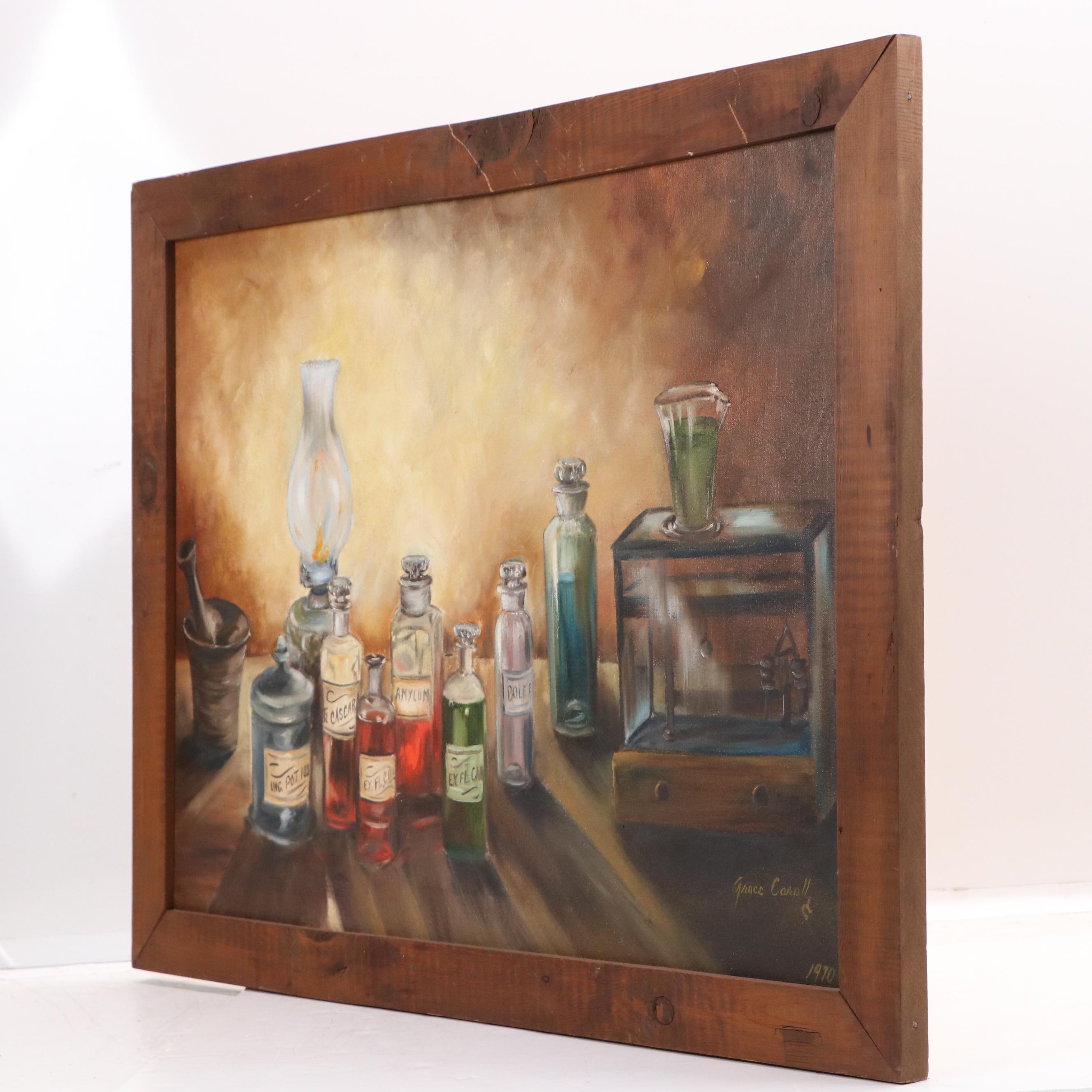 Grace Caroll Hufnagel Still Life Oil Painting of Apothecary Bottles, 1970