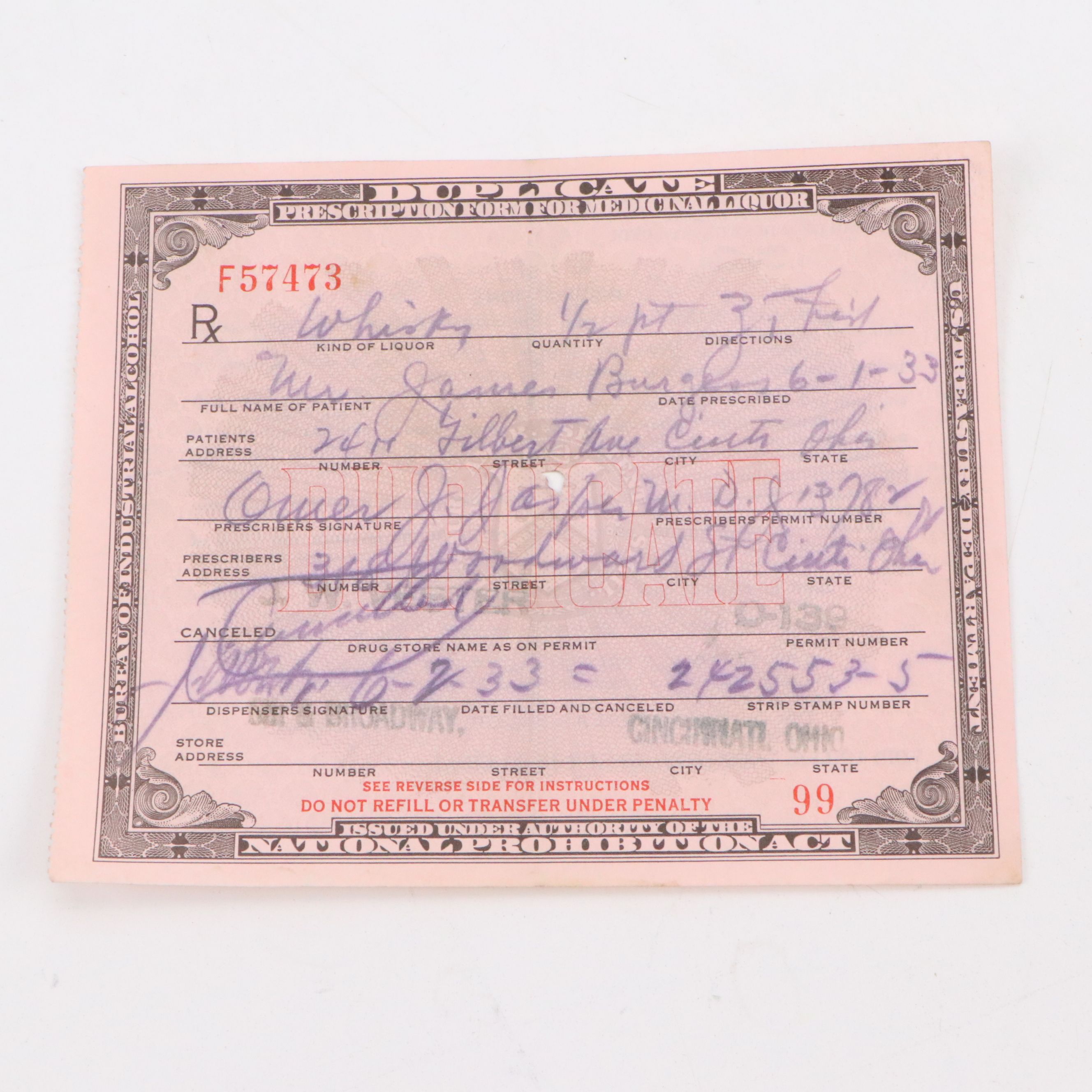 Prohibition Era Whisky Prescription Form with Reproduction Sign