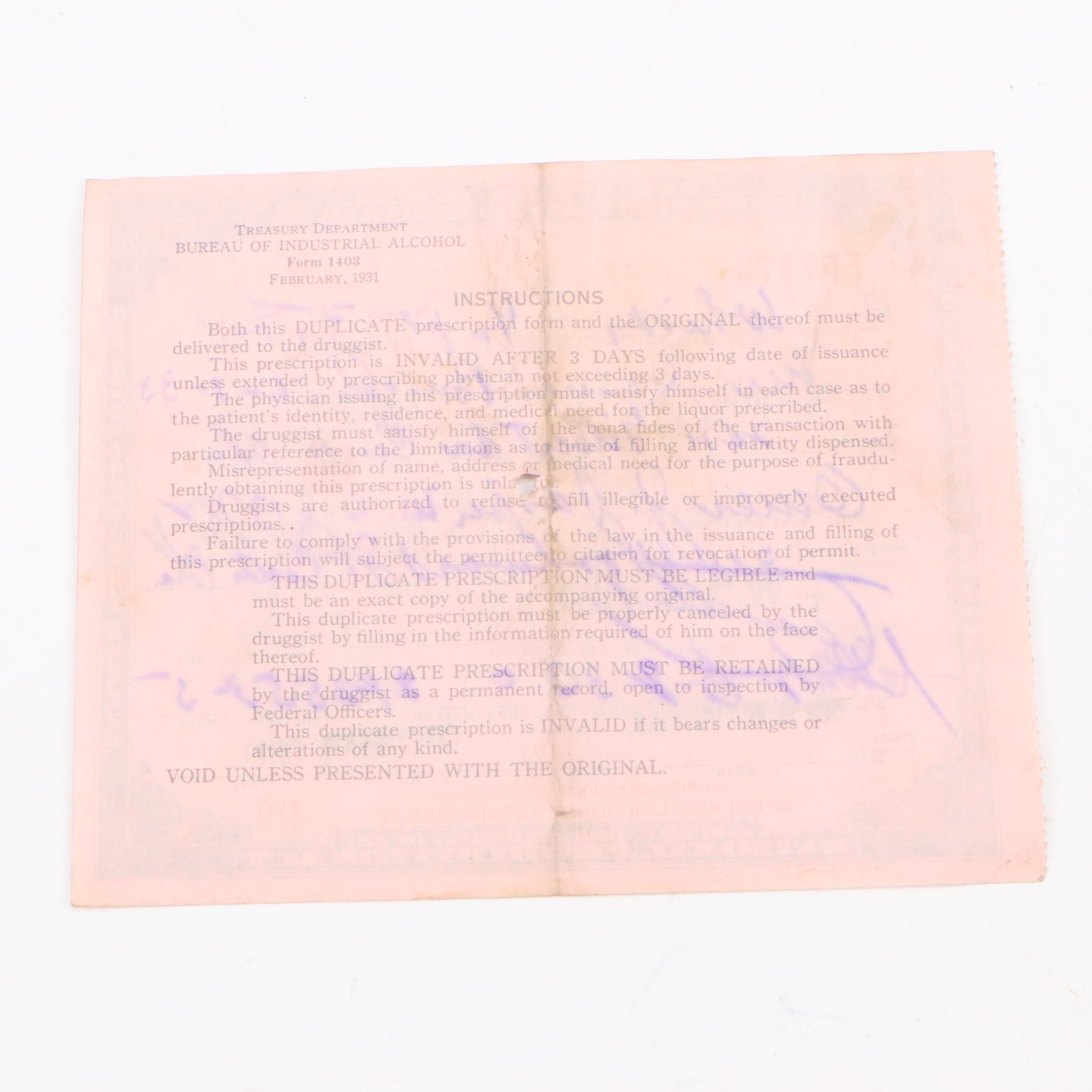 Prohibition Era Whisky Prescription Form with Reproduction Sign