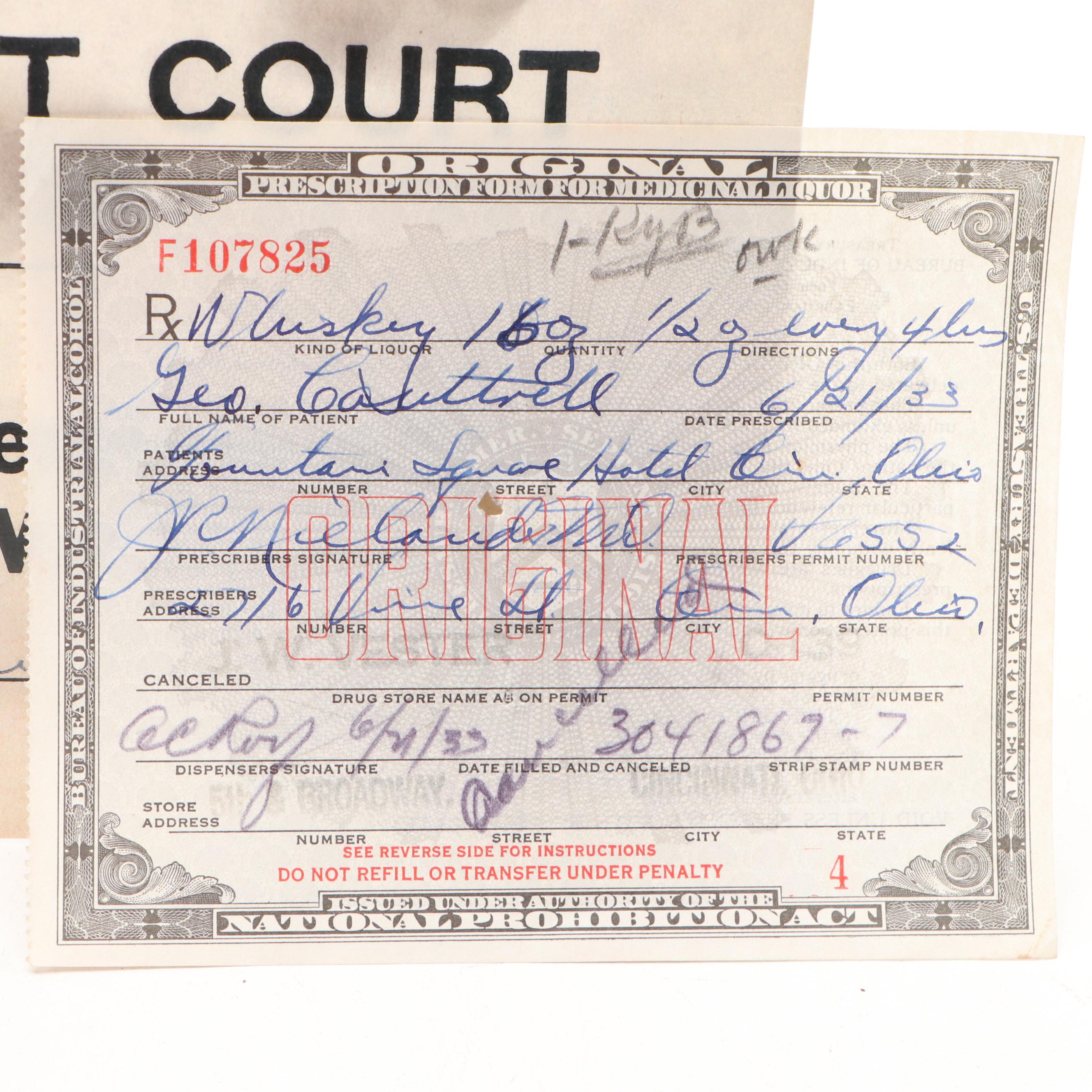 Prohibition Era Whisky Prescription Form with Reproduction Sign