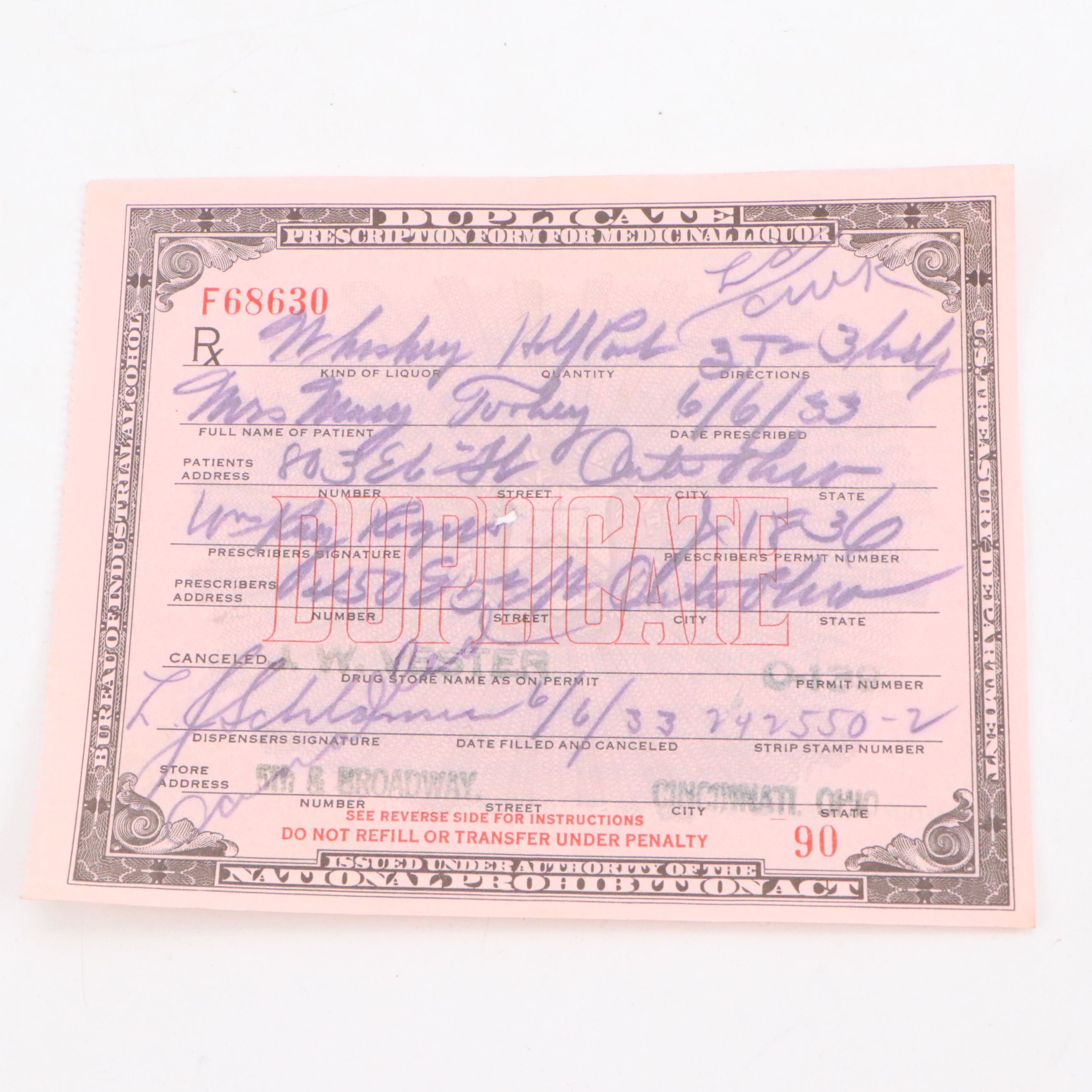 Prohibition Era Whisky Prescription Form with Reproduction Sign