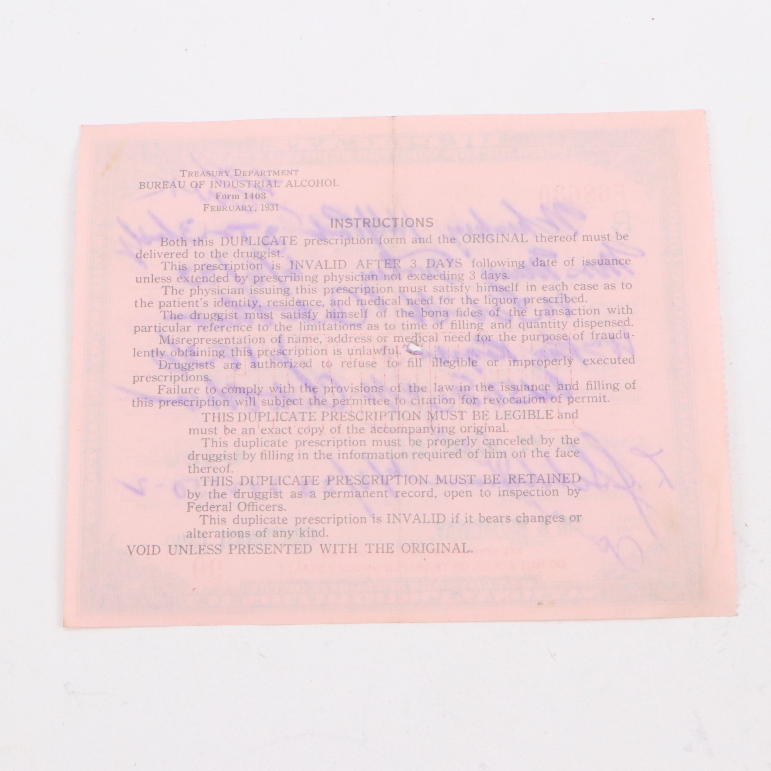 Prohibition Era Whisky Prescription Form with Reproduction Sign