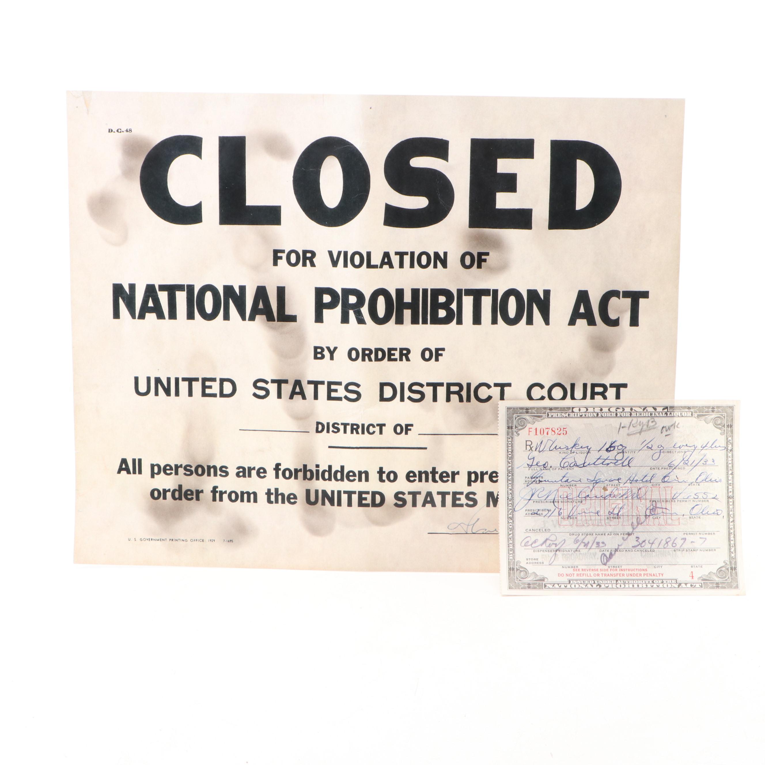 Prohibition Era Whisky Prescription Form with Reproduction Sign