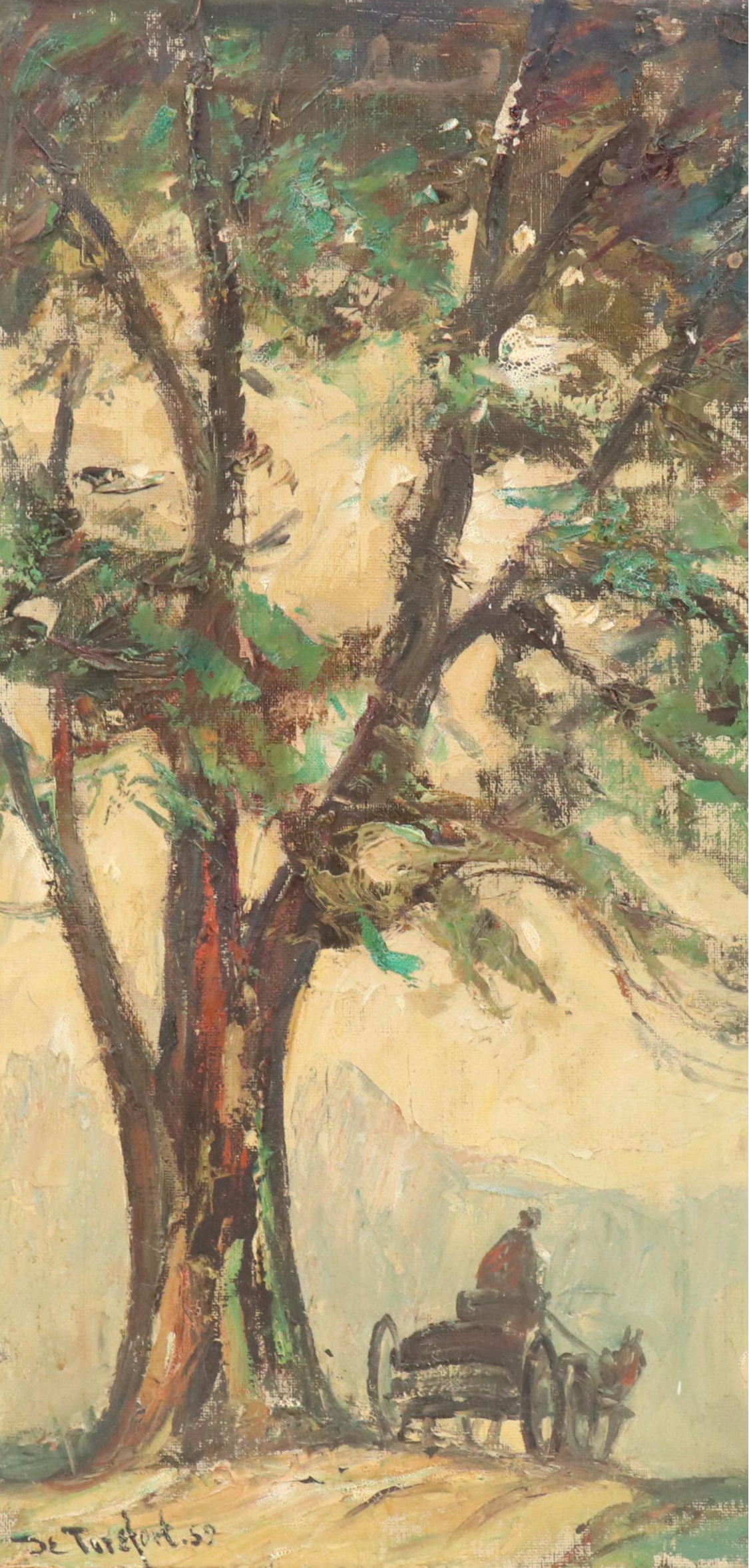 Bela DeTirefort Impasto Oil Painting of Carriage and Tree, 20th C.