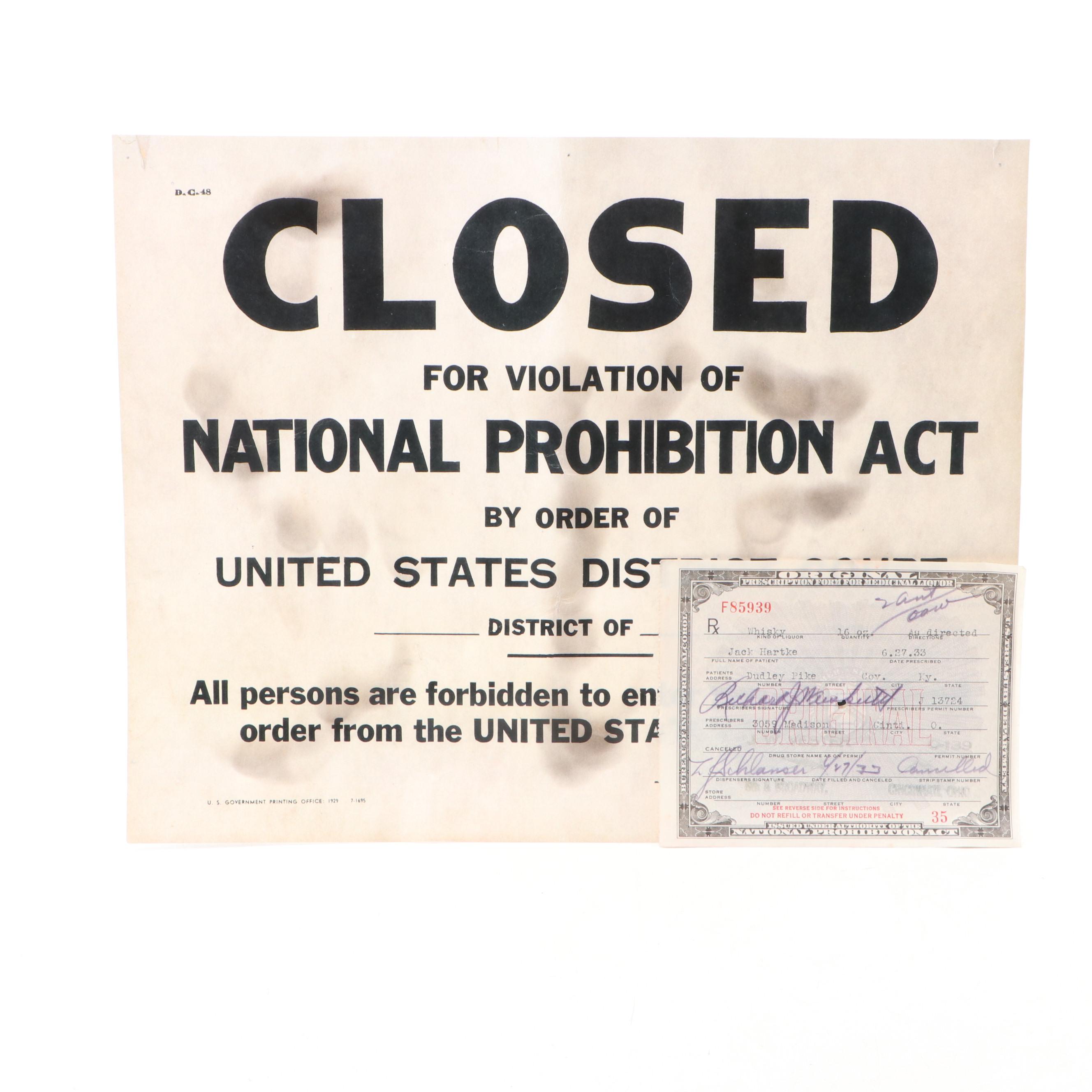 Prohibition Era Whisky Prescription Form with Reproduction Sign