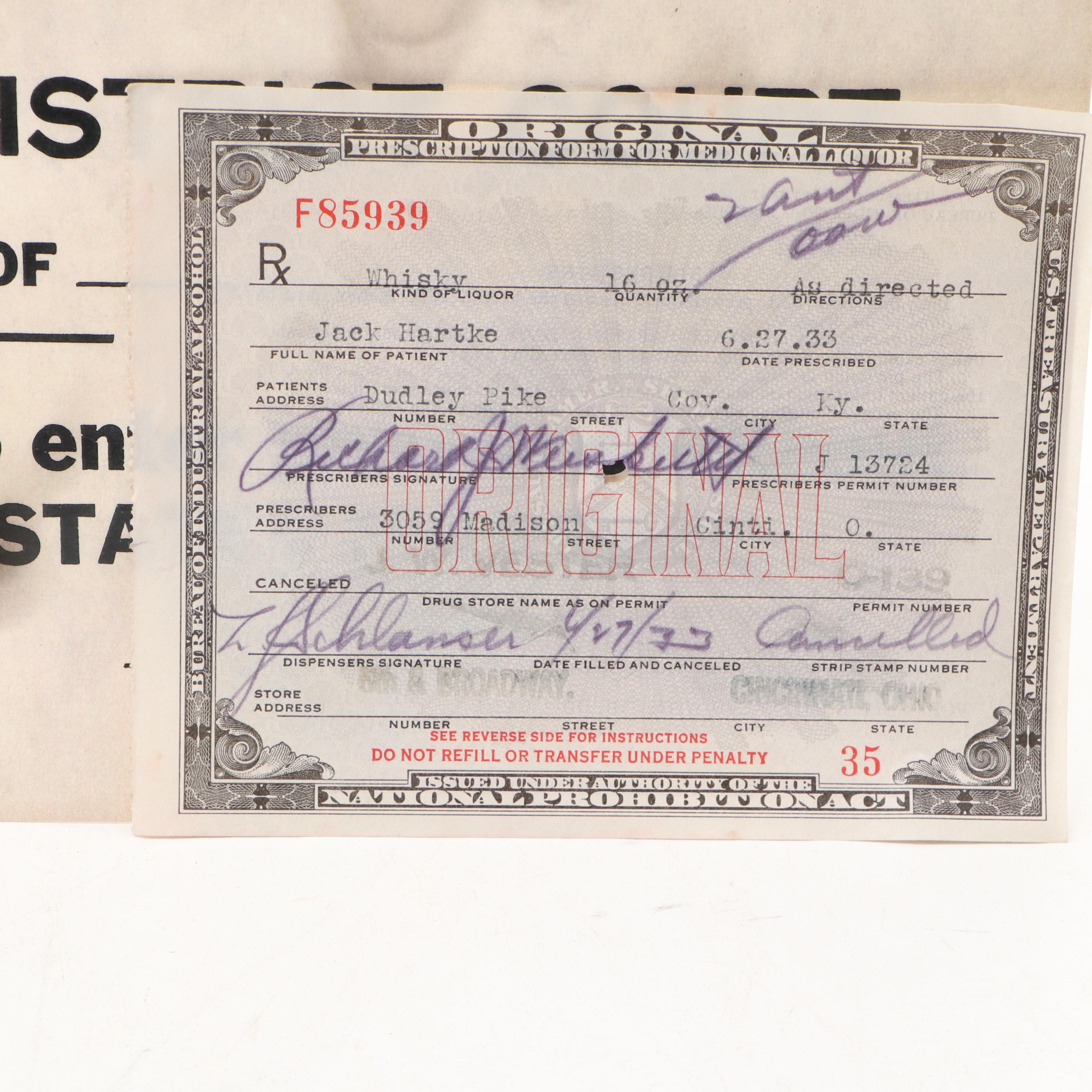 Prohibition Era Whisky Prescription Form with Reproduction Sign