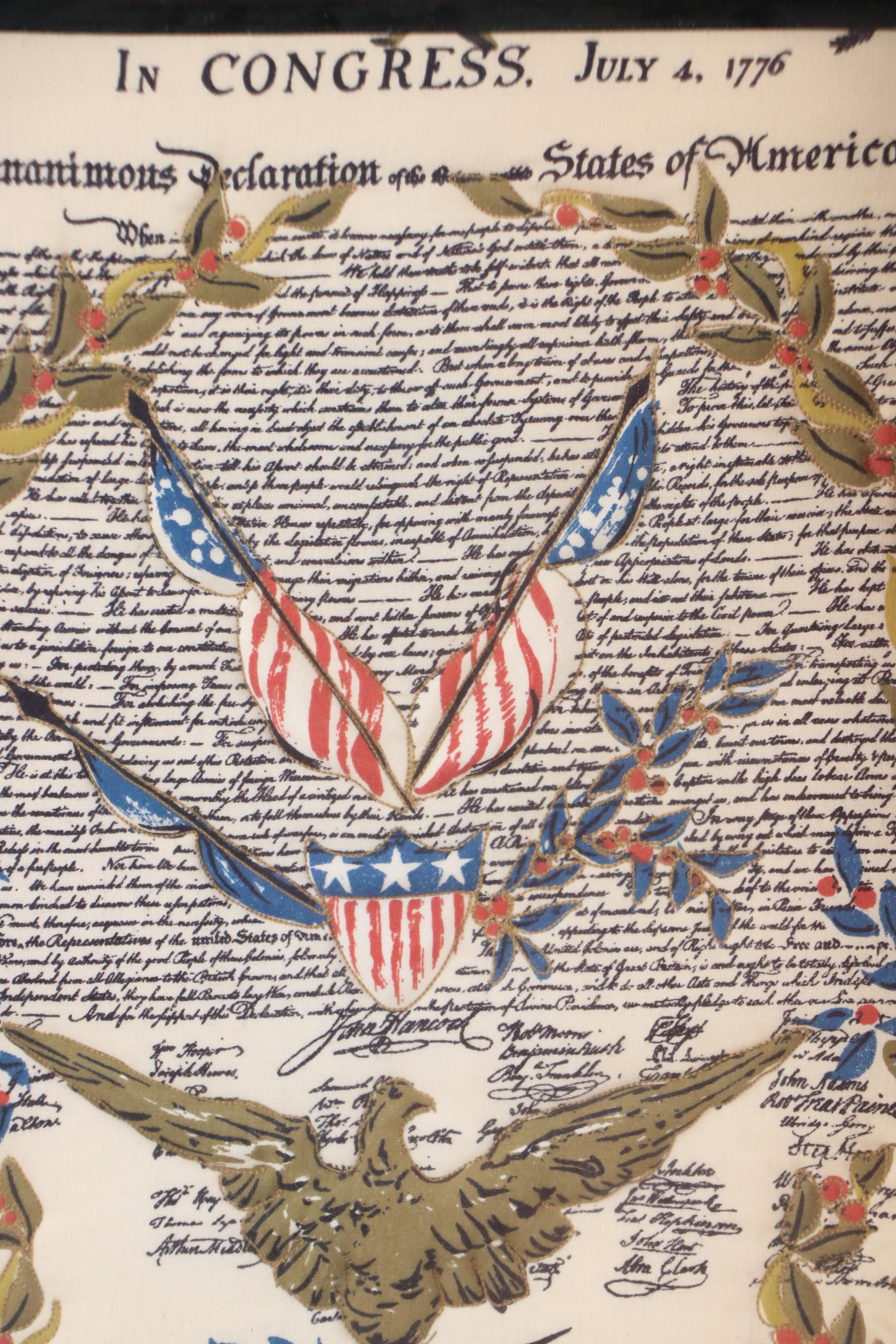 Outline Embroidered Fabric Declaration of Independence with 3-D Puff Work