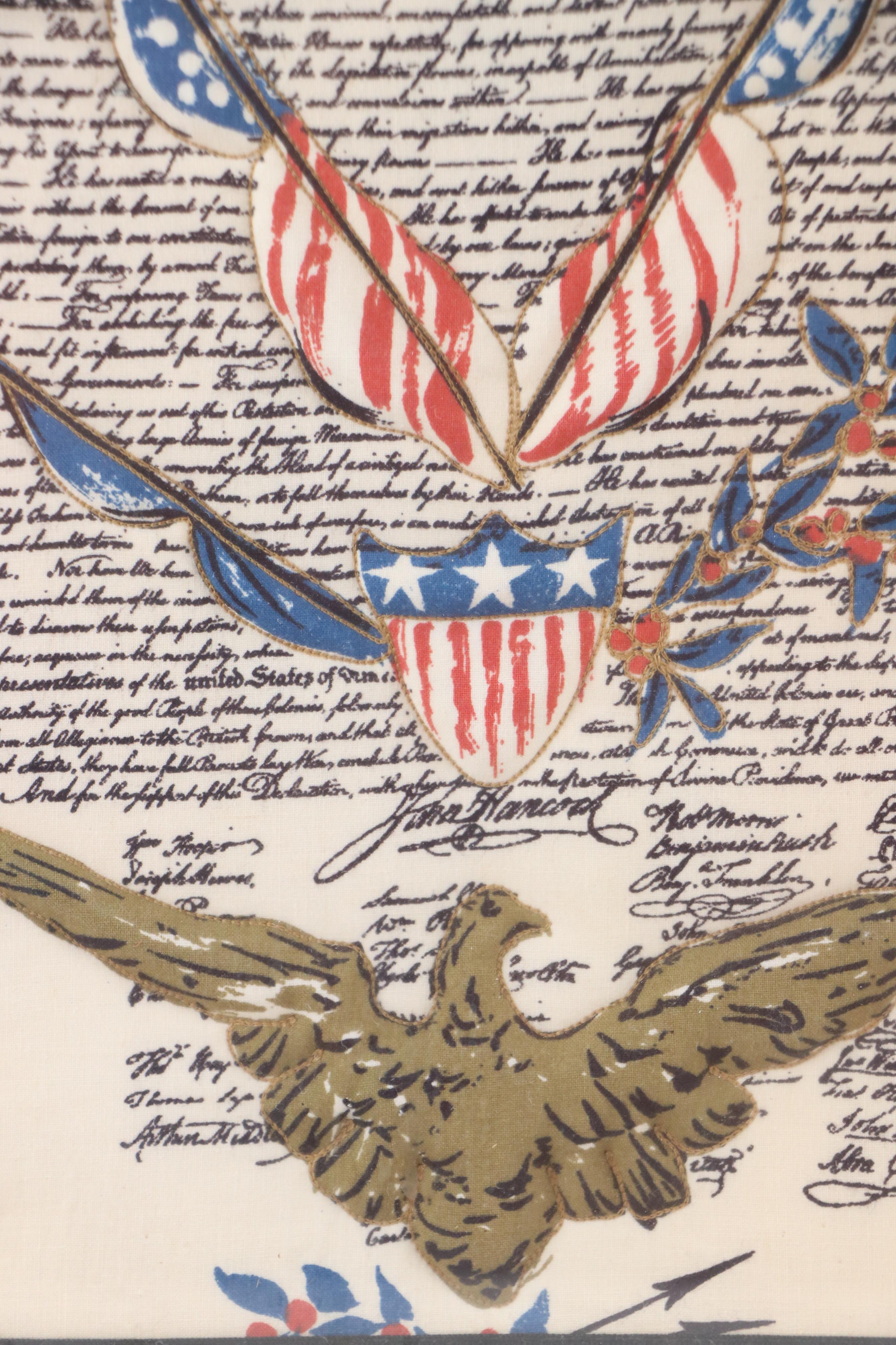 Outline Embroidered Fabric Declaration of Independence with 3-D Puff Work