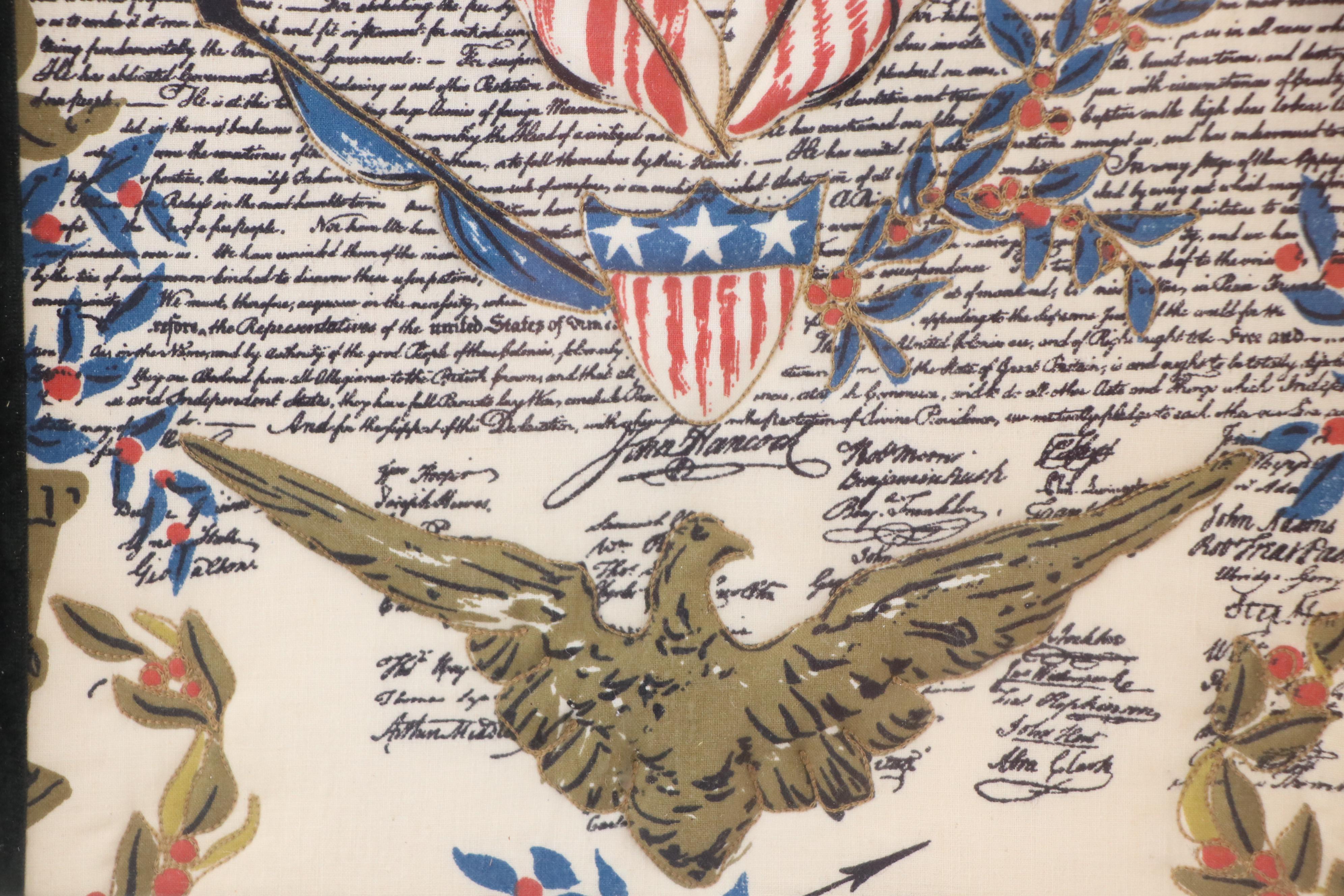 Outline Embroidered Fabric Declaration of Independence with 3-D Puff Work