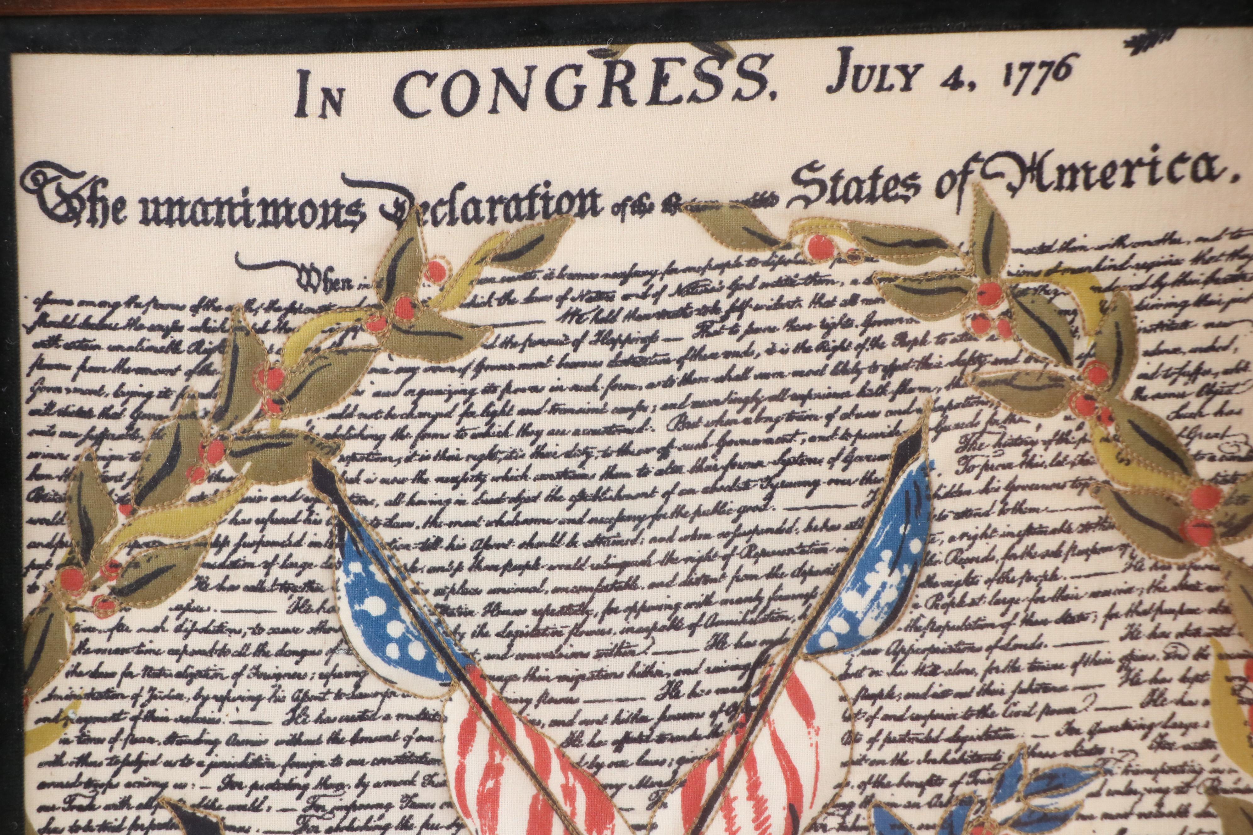 Outline Embroidered Fabric Declaration of Independence with 3-D Puff Work