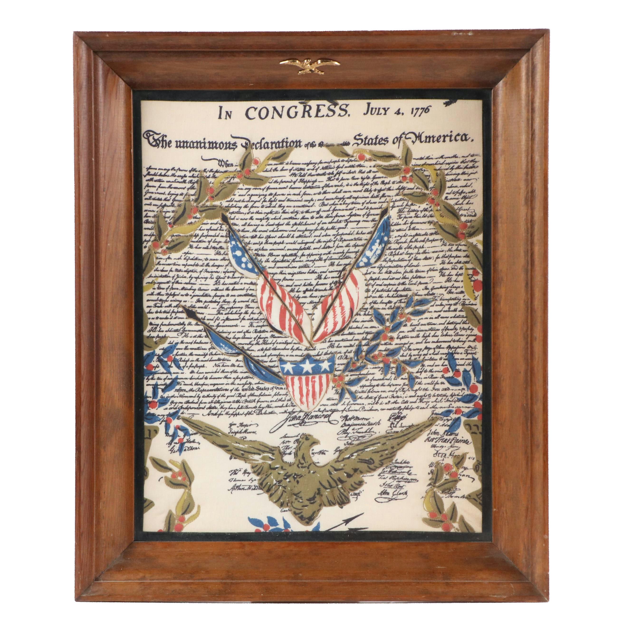 Outline Embroidered Fabric Declaration of Independence with 3-D Puff Work