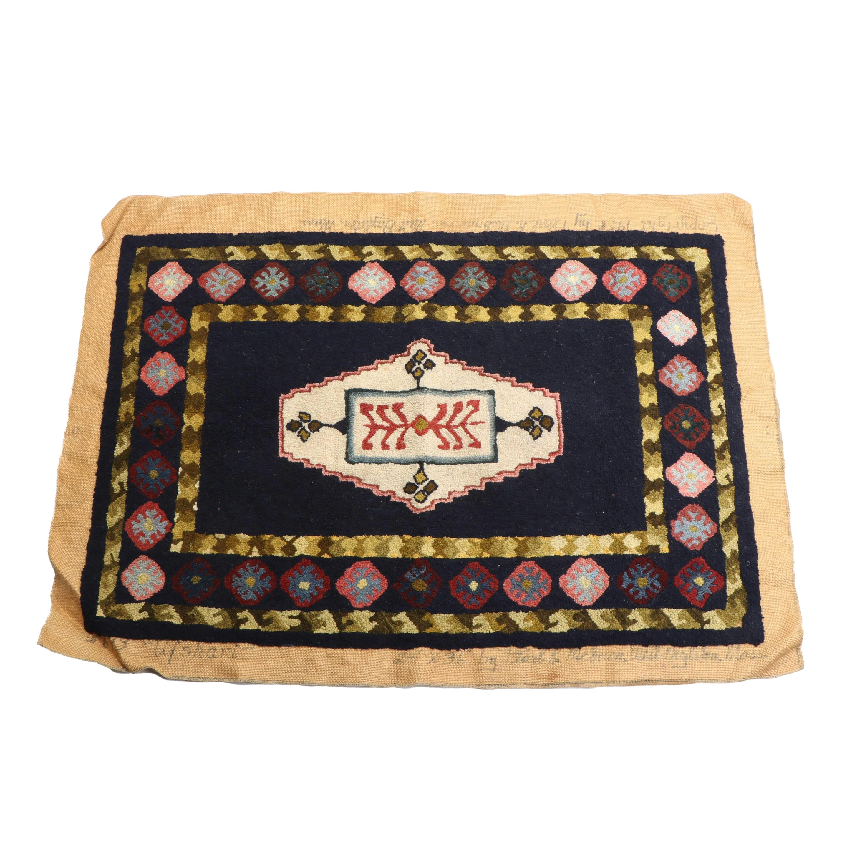 2'4 x 3'4 Handmade Hooked Wool Rug Signed by Maker