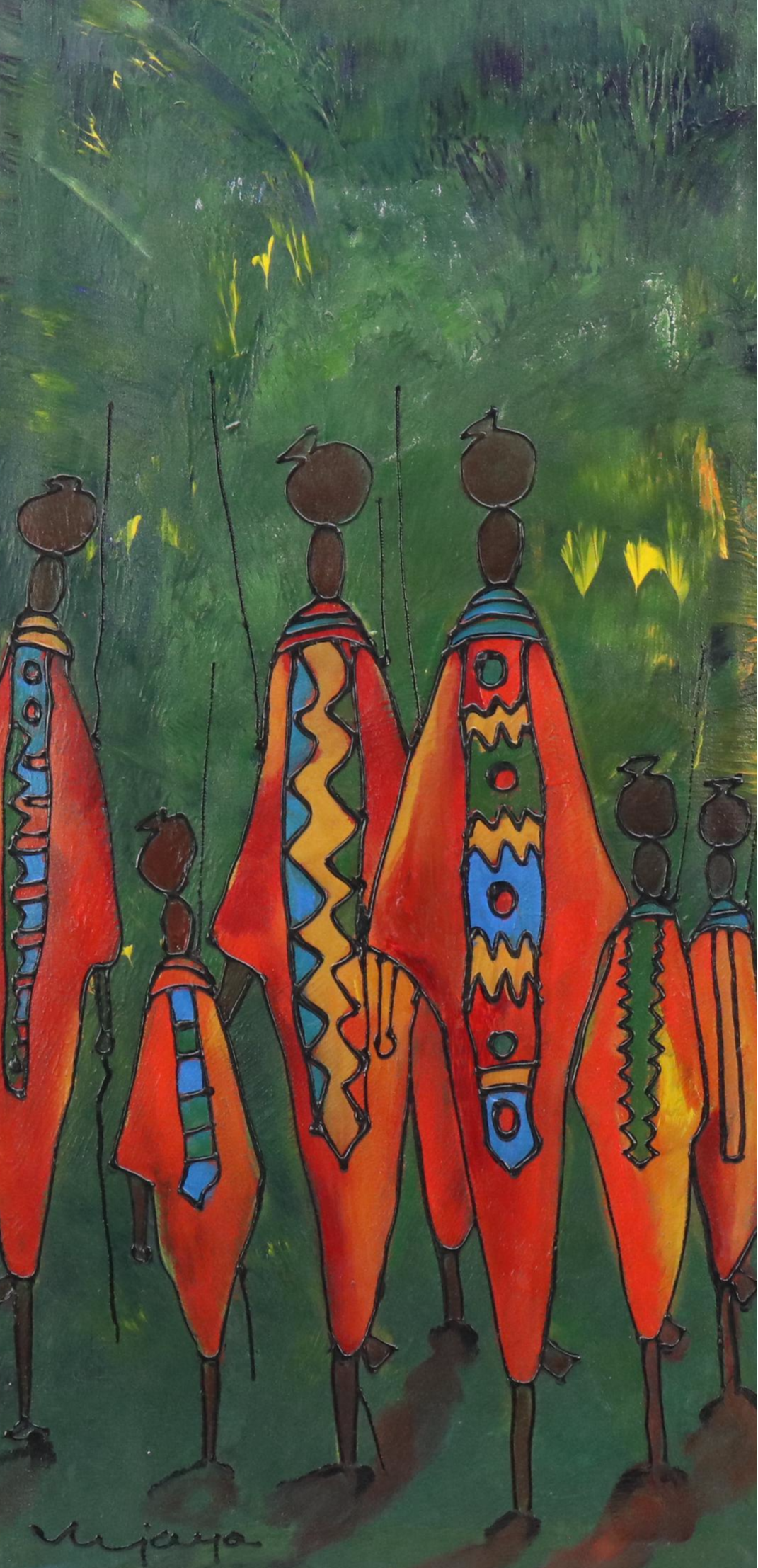 Stylized Acrylic Painting of Maasai Water Bearer Women & Children Figural Group