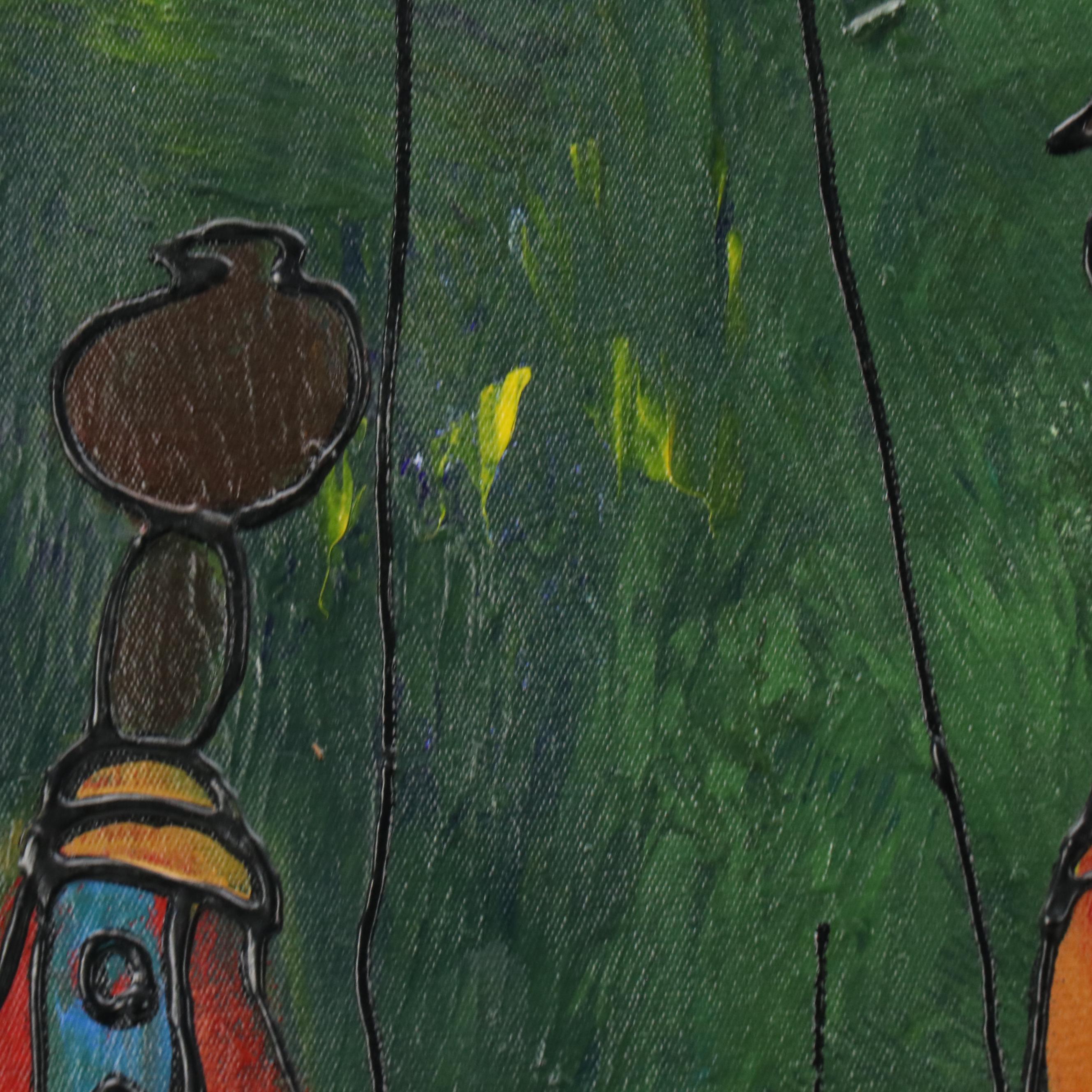 Stylized Acrylic Painting of Maasai Water Bearer Women & Children Figural Group