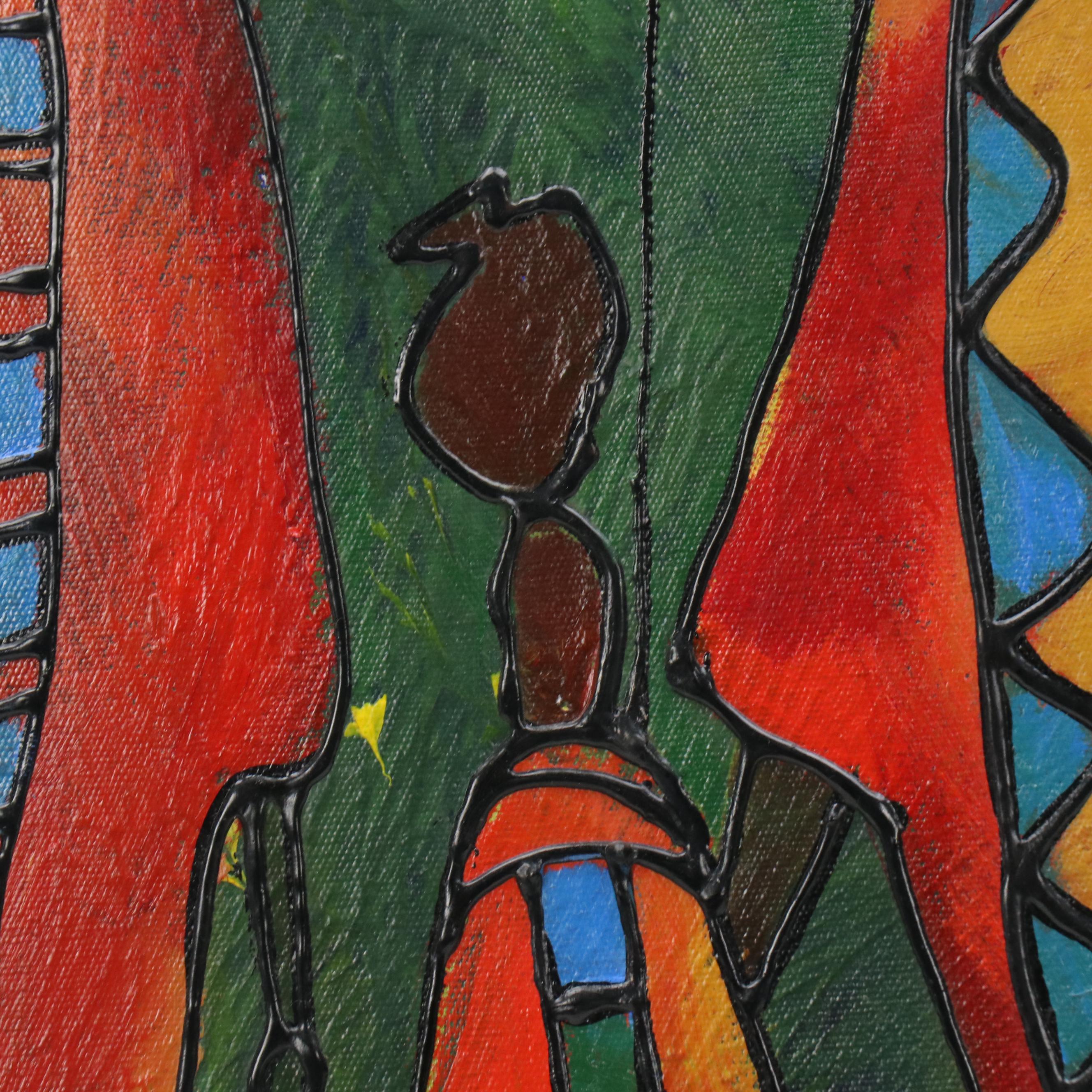 Stylized Acrylic Painting of Maasai Water Bearer Women & Children Figural Group