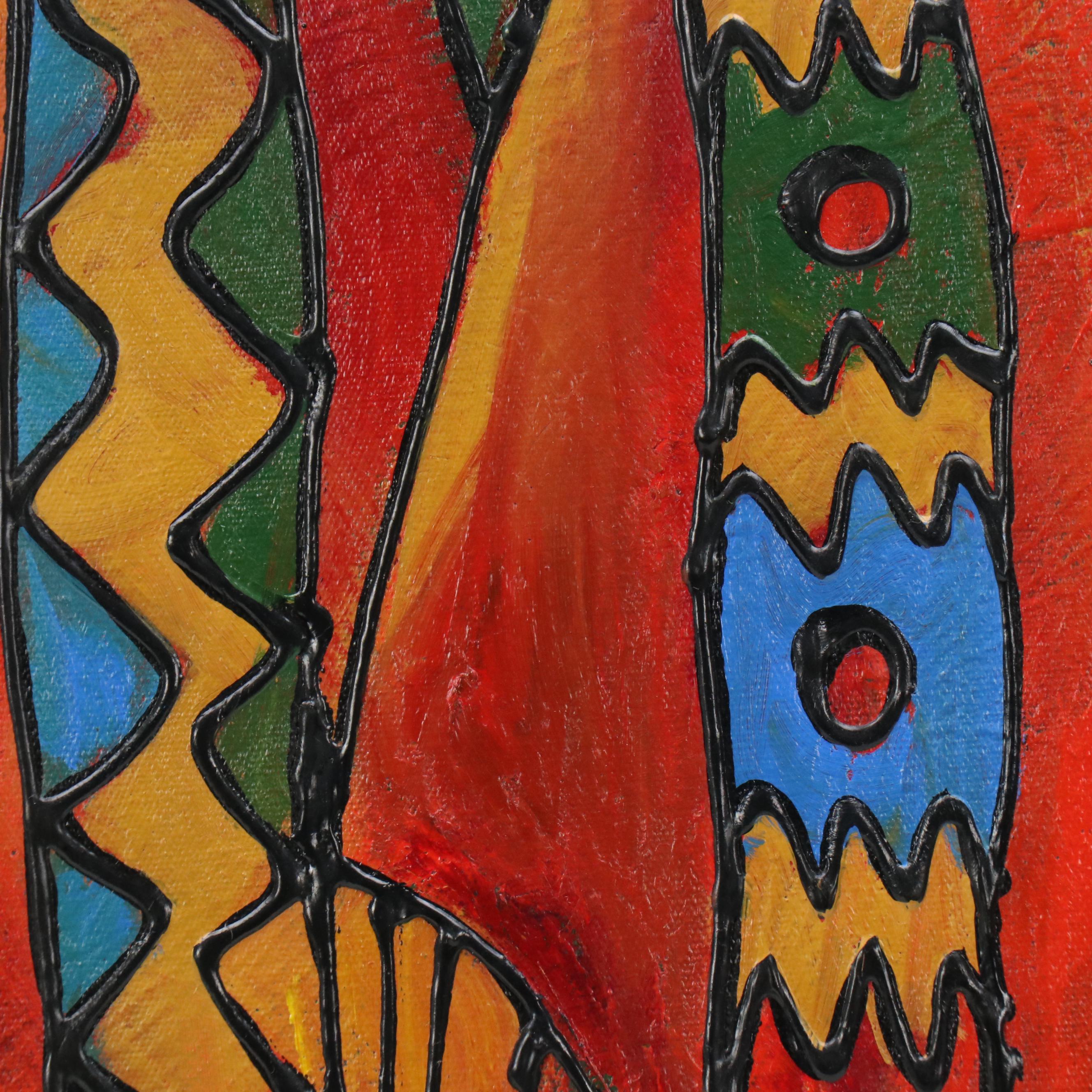 Stylized Acrylic Painting of Maasai Water Bearer Women & Children Figural Group