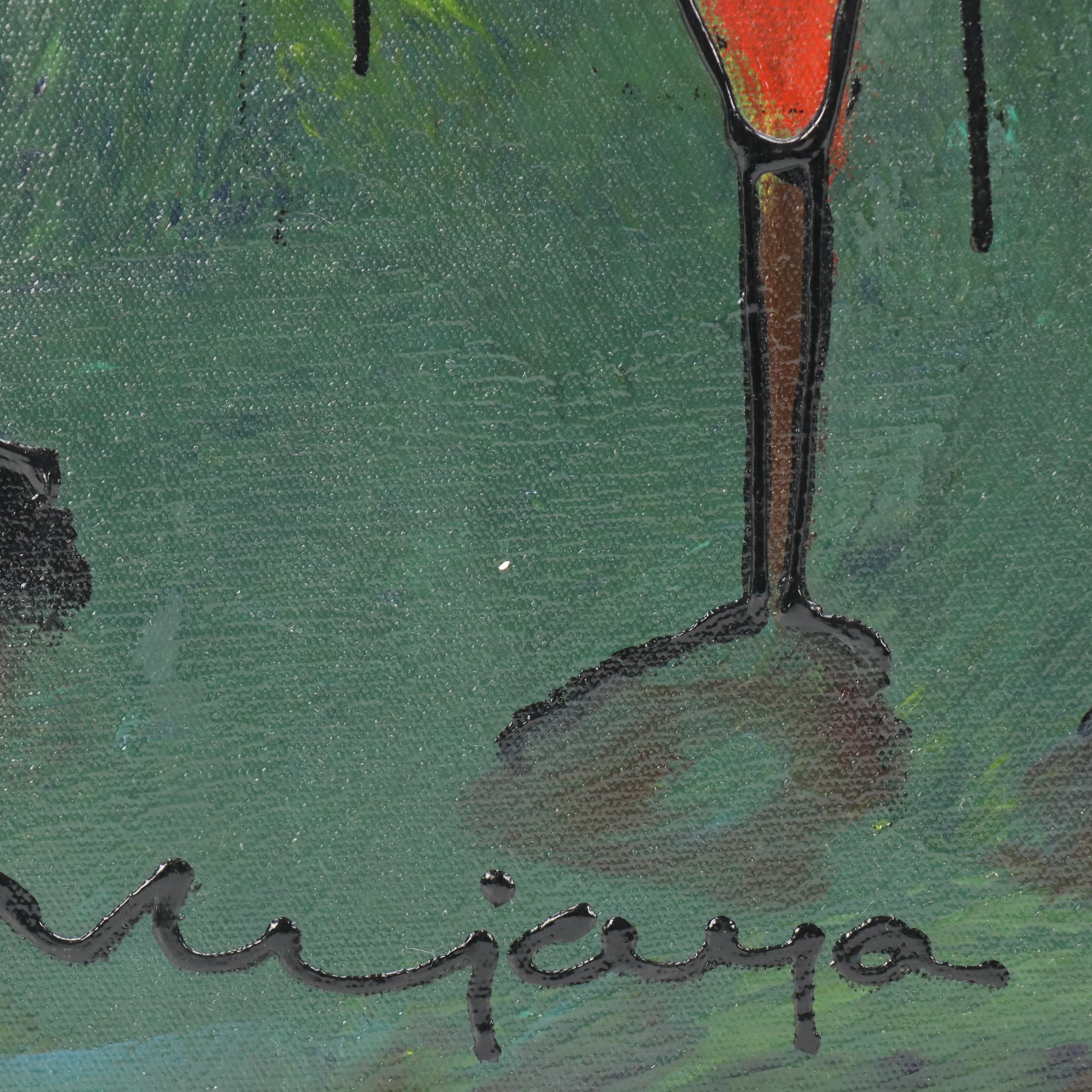 Stylized Acrylic Painting of Maasai Water Bearer Women & Children Figural Group