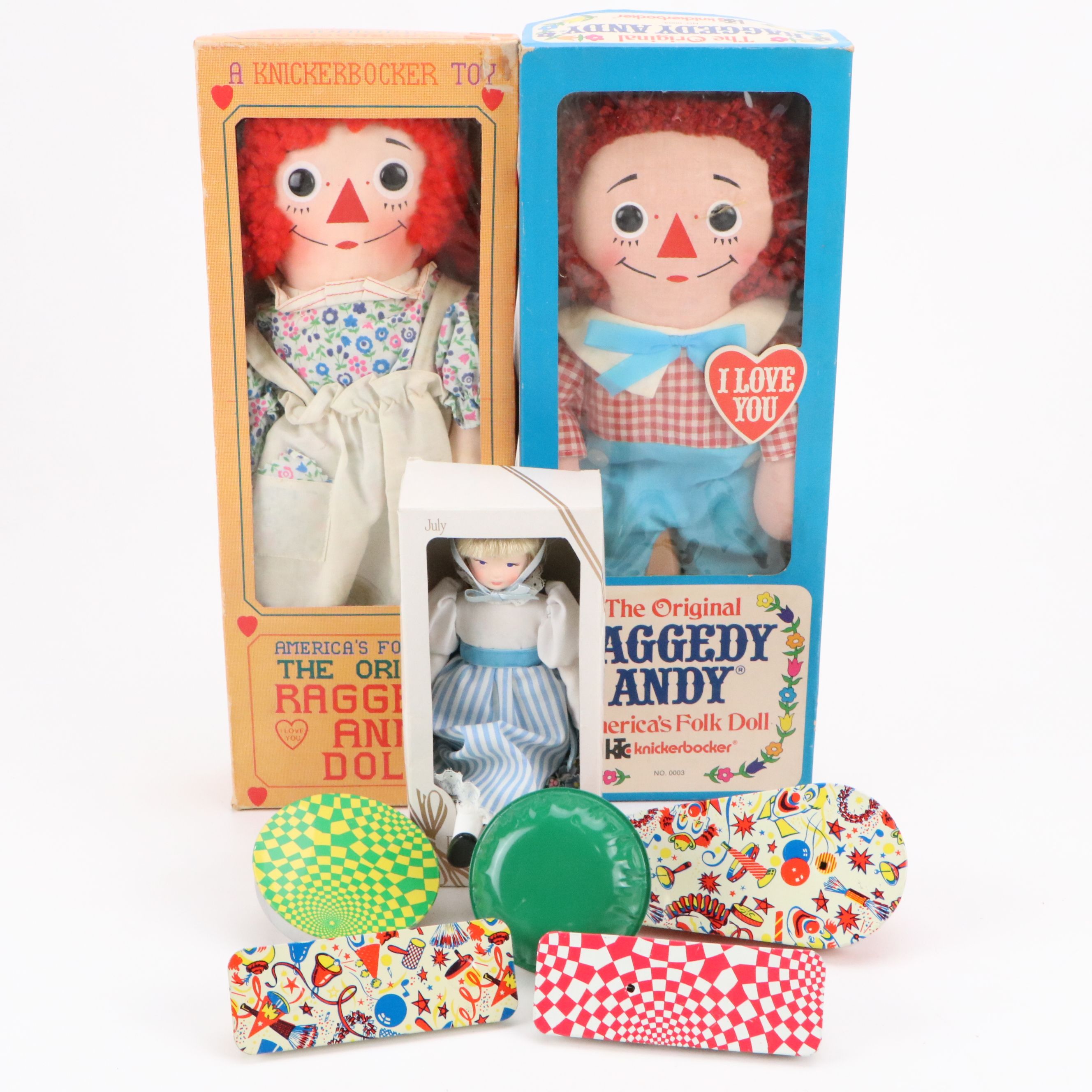 Raggedy Ann and Andy, Gorham 'July' Doll of the Month and Tin Noise Makers