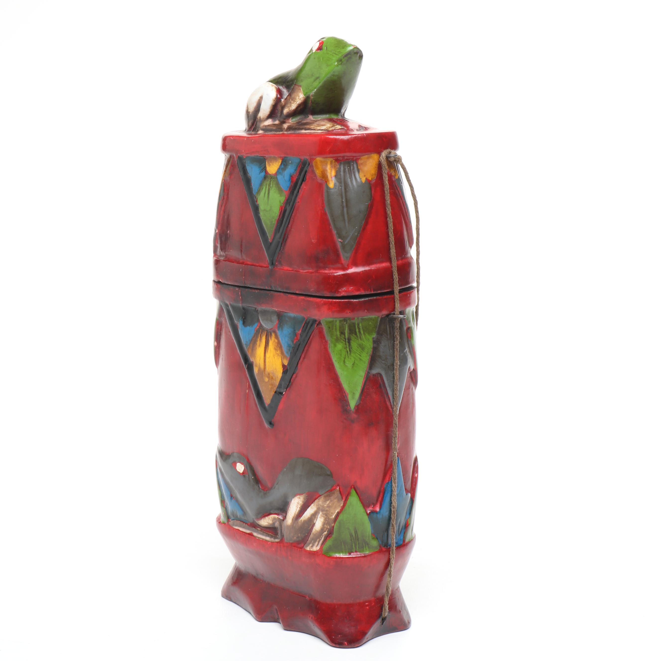 Carved Yaure Baule Passport Mask, Frog Box, Ceramic Plate and Marble Bookends