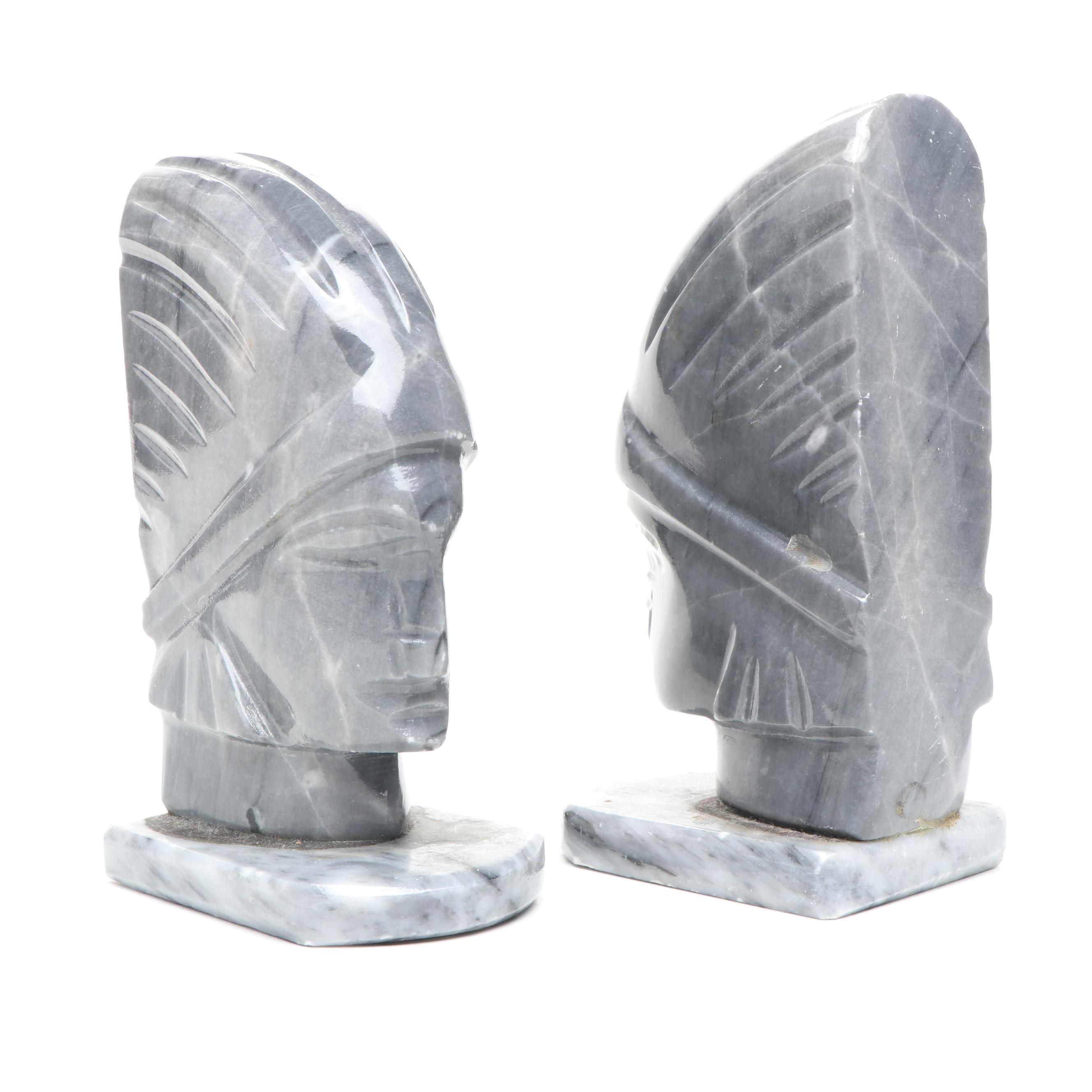 Carved Yaure Baule Passport Mask, Frog Box, Ceramic Plate and Marble Bookends