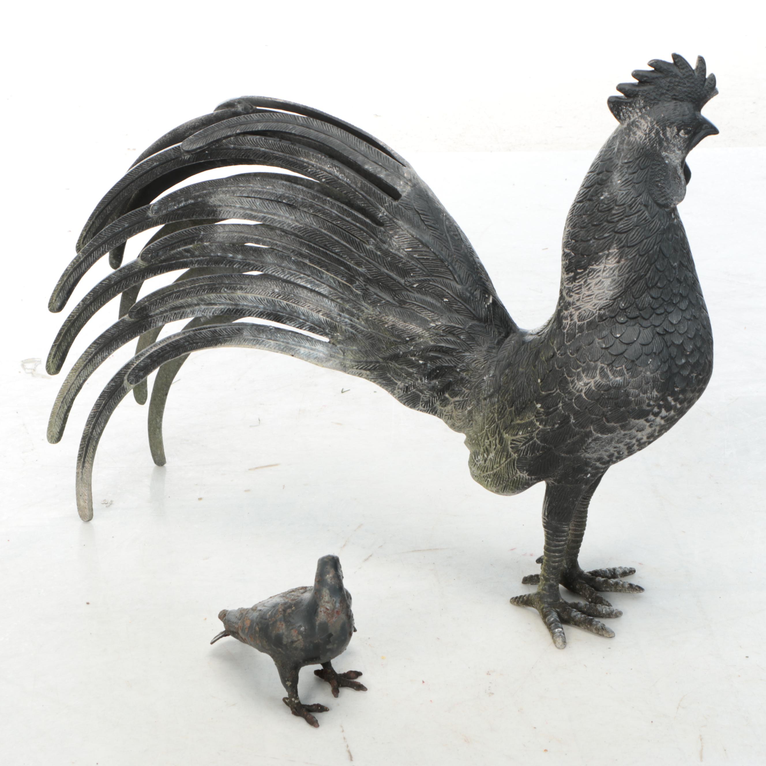 Patinated Metal Rooster With Preening Pigeon