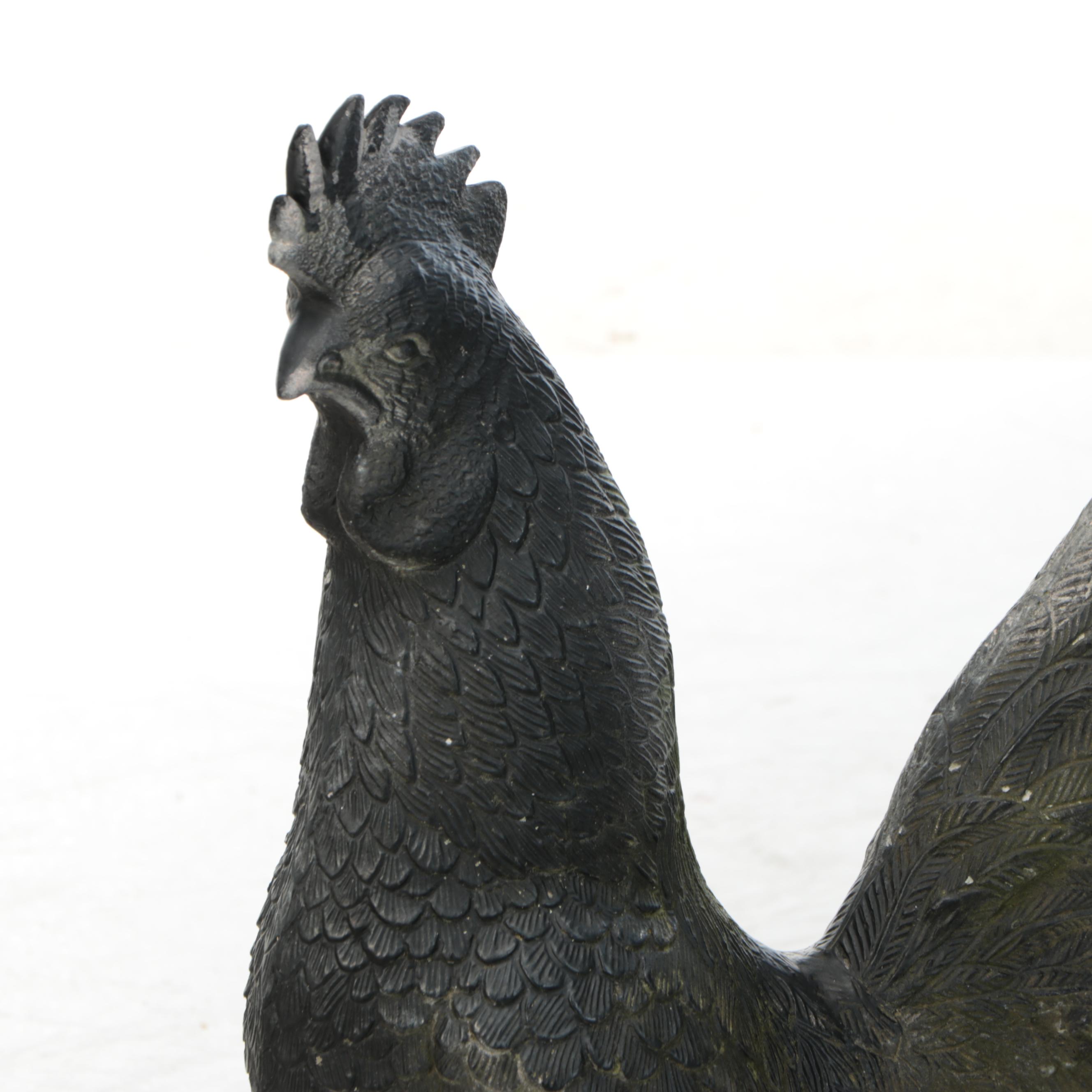 Patinated Metal Rooster With Preening Pigeon