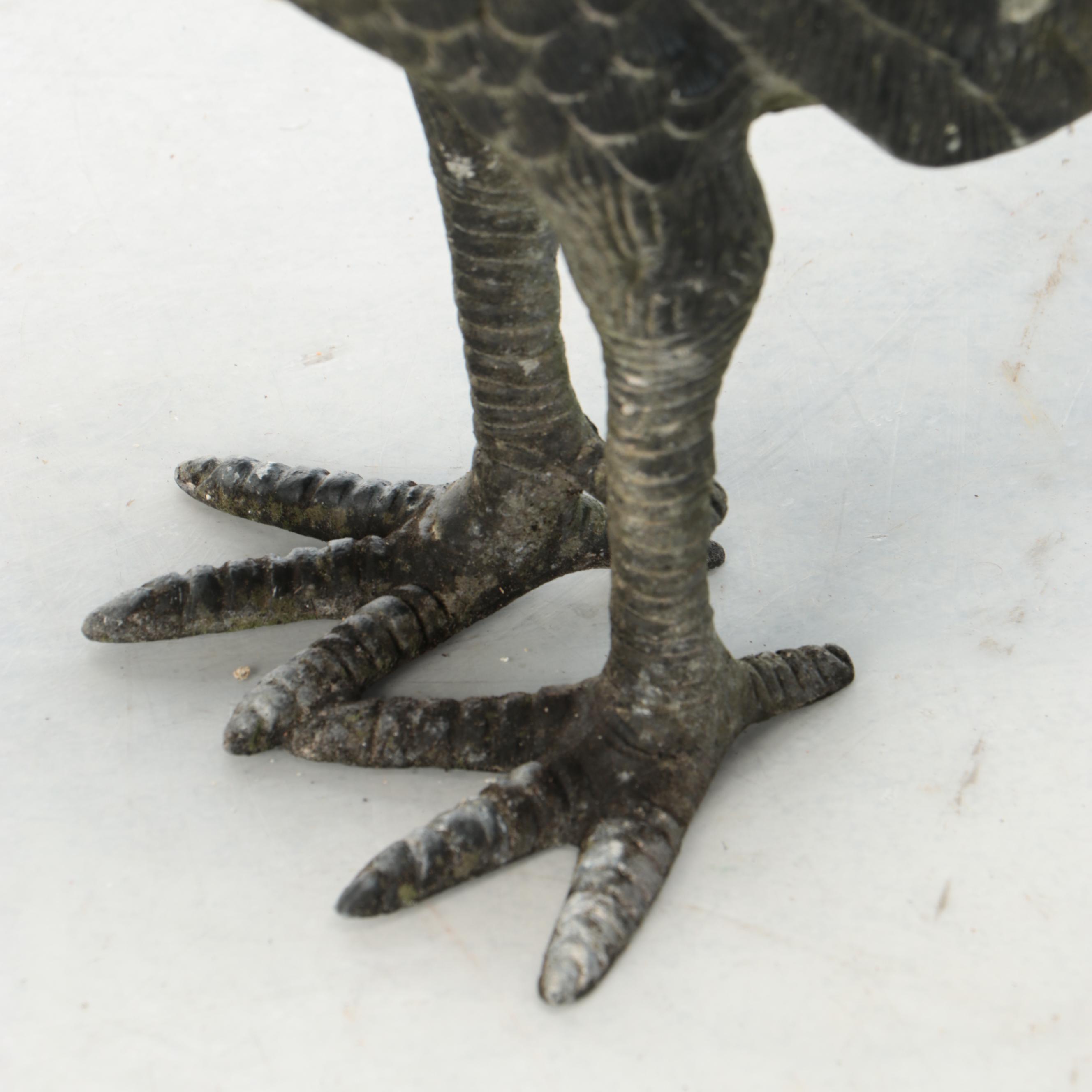 Patinated Metal Rooster With Preening Pigeon