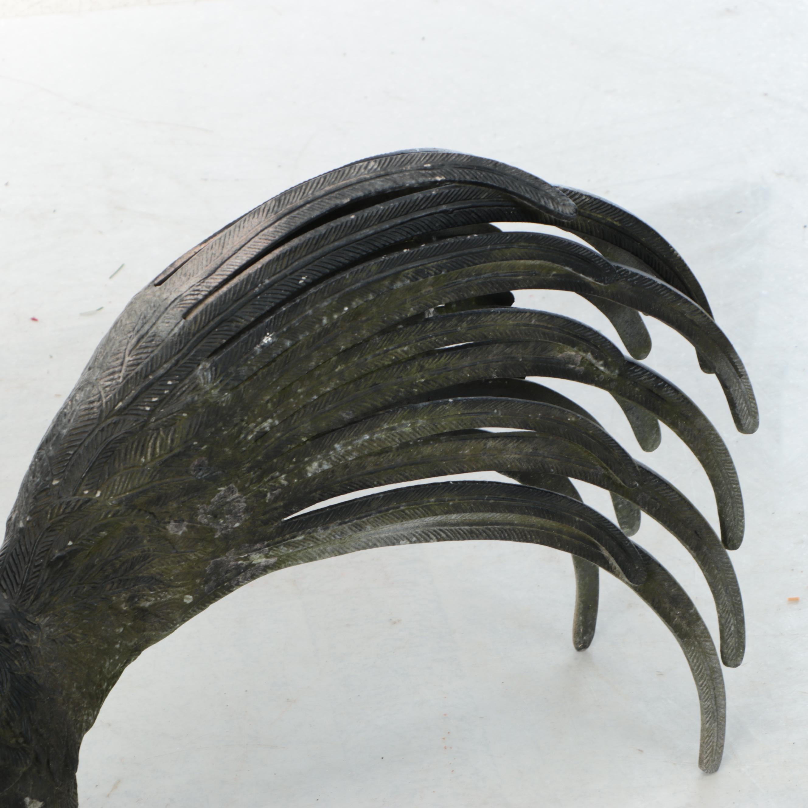 Patinated Metal Rooster With Preening Pigeon