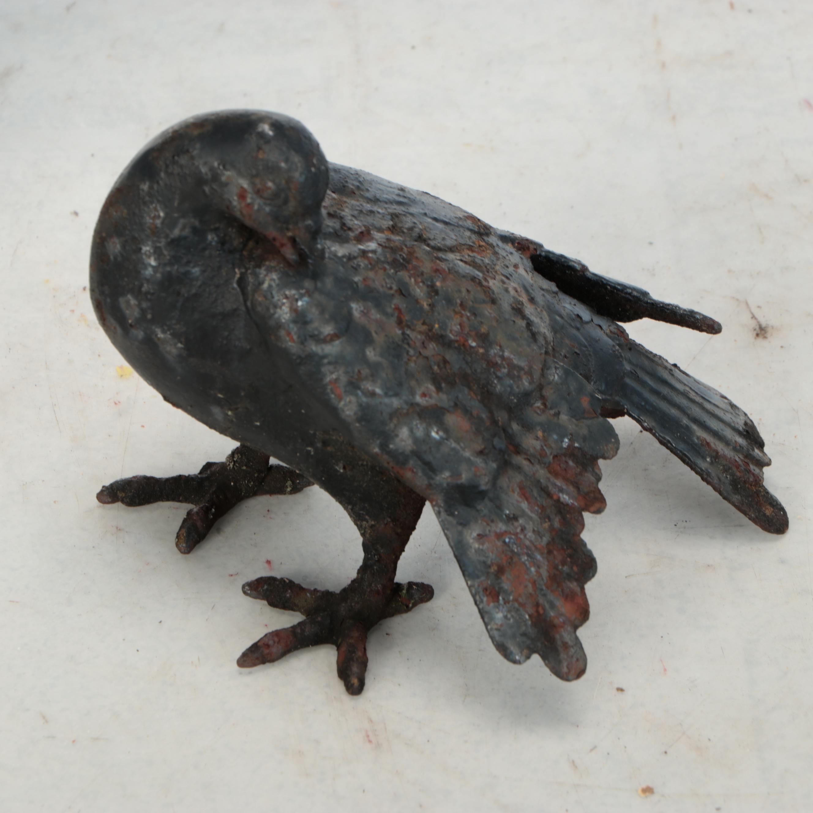 Patinated Metal Rooster With Preening Pigeon