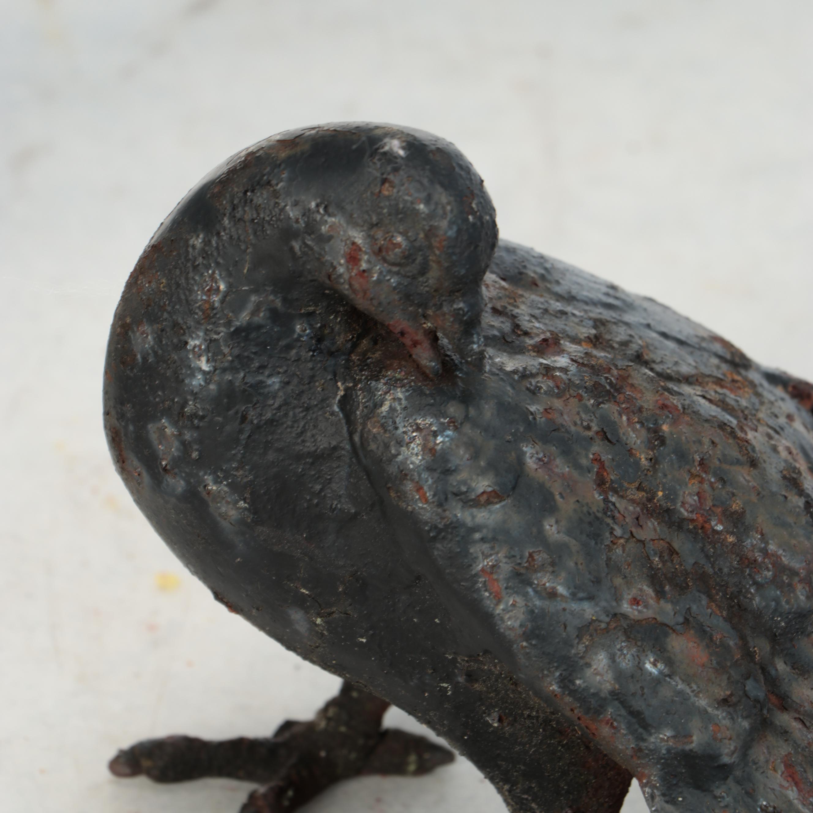 Patinated Metal Rooster With Preening Pigeon