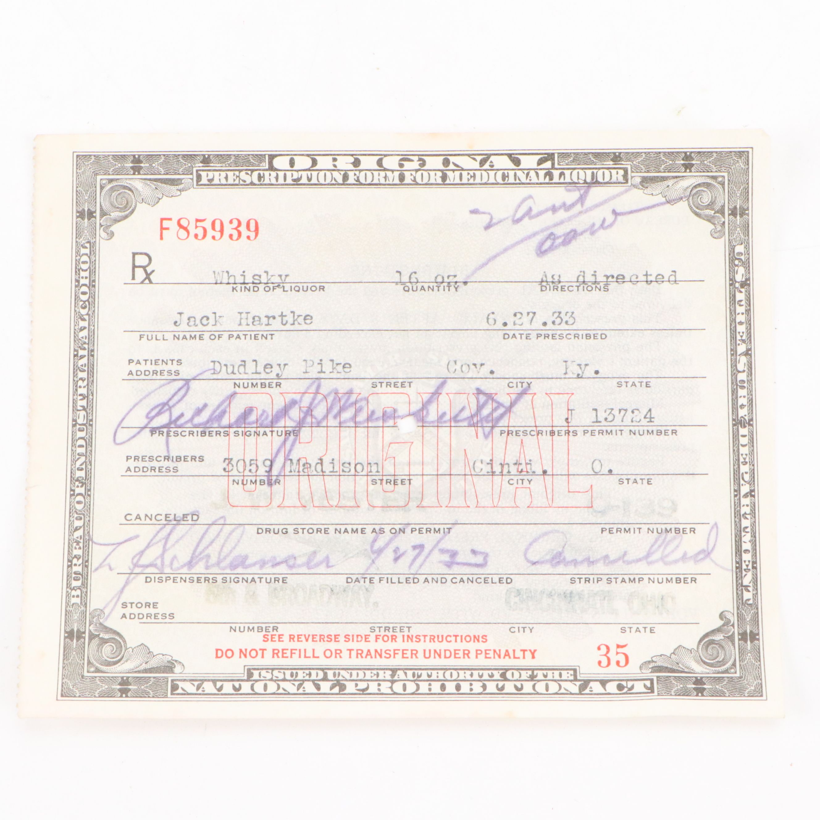 Prohibition Era Whisky Prescription Form with Reproduction Sign