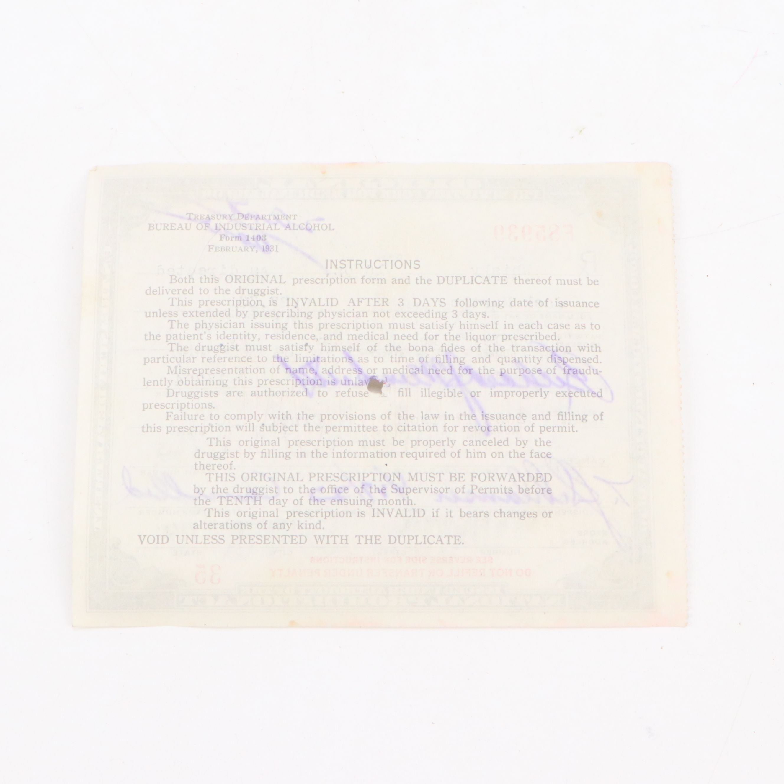Prohibition Era Whisky Prescription Form with Reproduction Sign