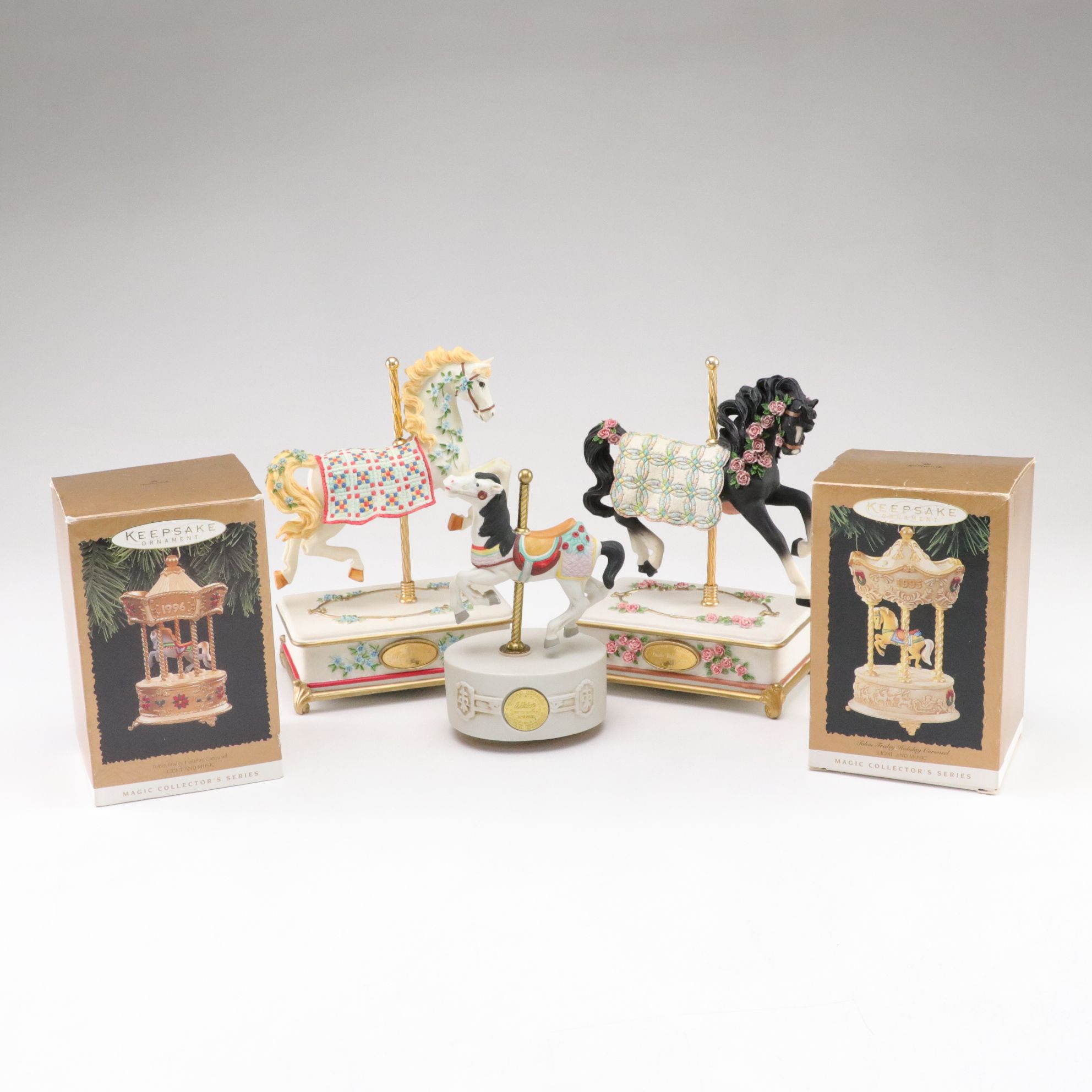 Quilted Ponies "Double Wedding Ring" and "Vine Patch" with Other Carousel Horses