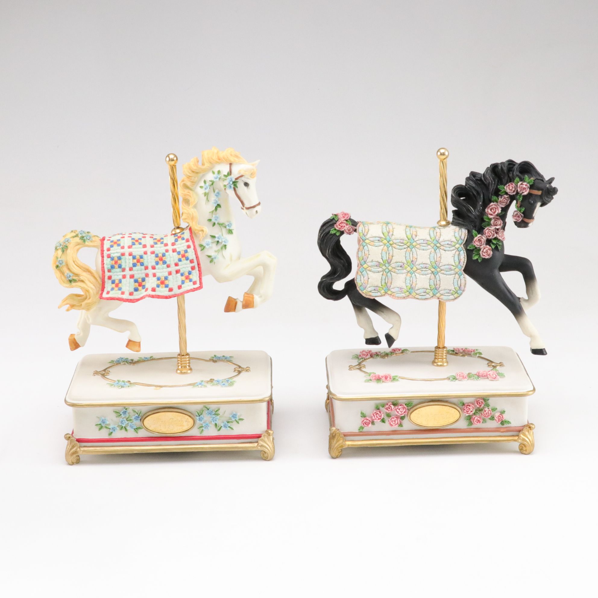 Quilted Ponies "Double Wedding Ring" and "Vine Patch" with Other Carousel Horses